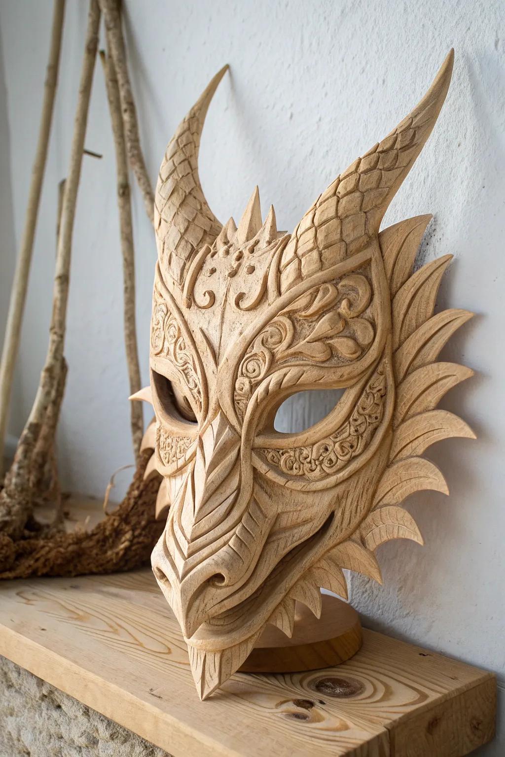 Embrace the allure of rustic elegance with this handcrafted wooden dragon mask.