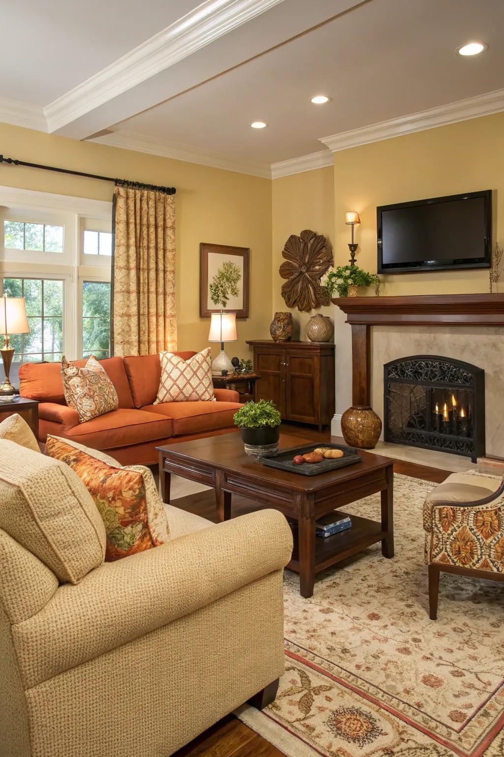 Complementary colors define the living room's mood and style.