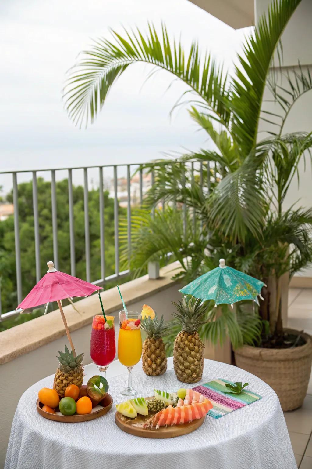 A tropical-themed drink table creating a vacation vibe on a balcony.