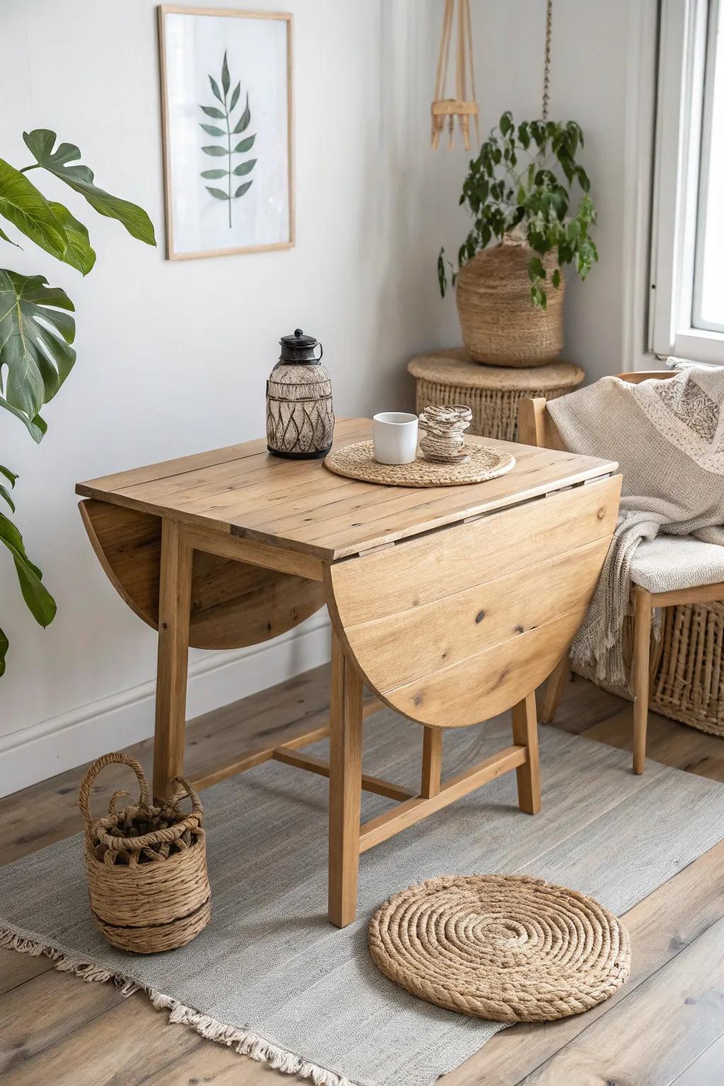 Embrace eco-friendly elegance with a sustainably sourced drop leaf table—where Scandinavian simplicity meets boho charm.