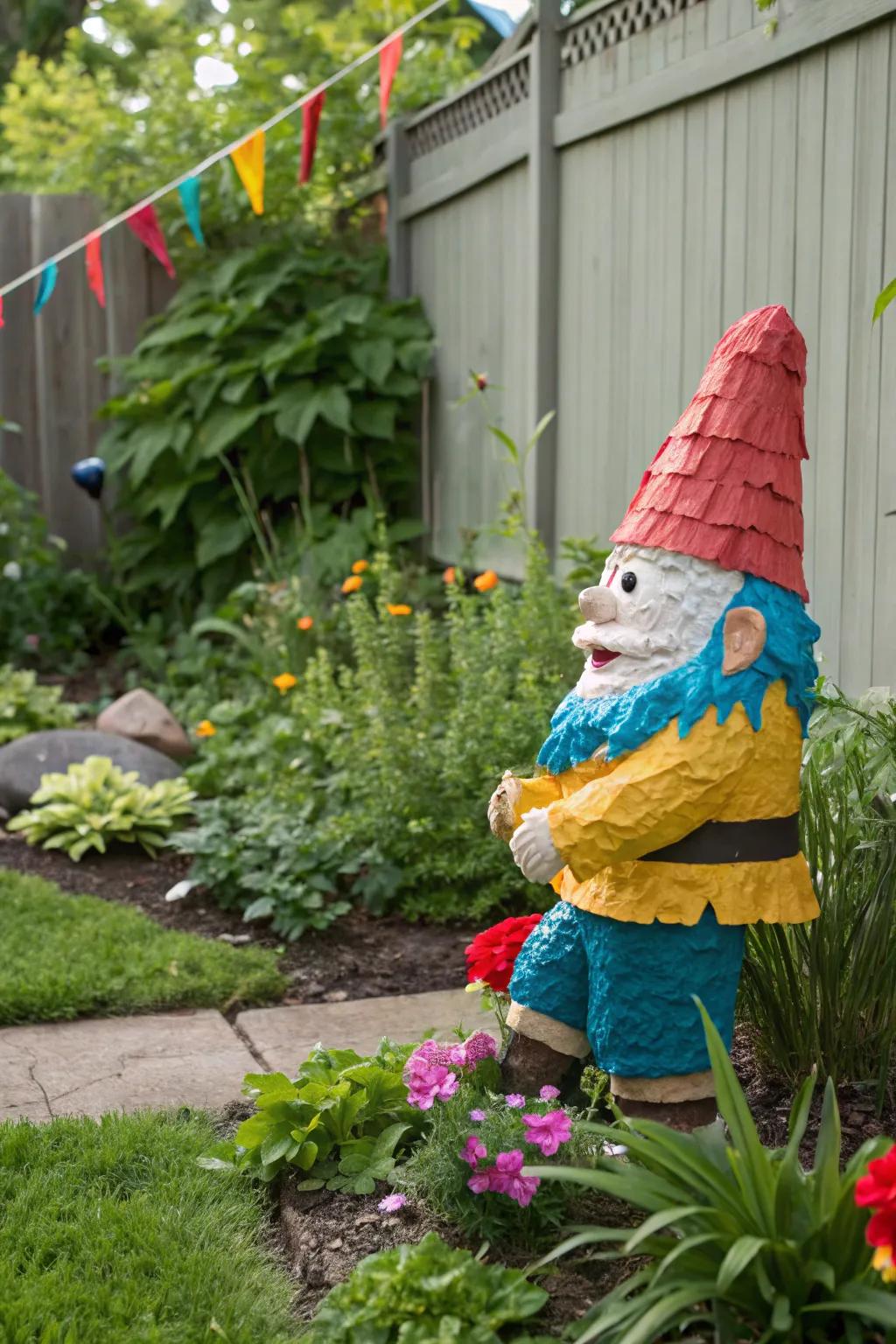 A whimsical garden gnome pinata that adds magic to any Easter event.