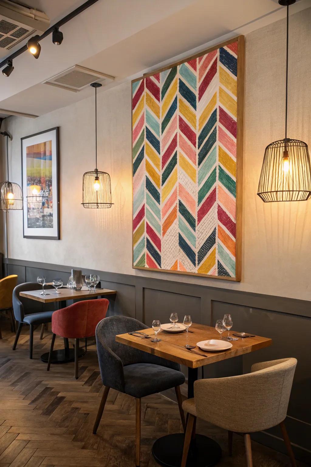 A vibrant herringbone pattern canvas adds texture to a trendy dining room.