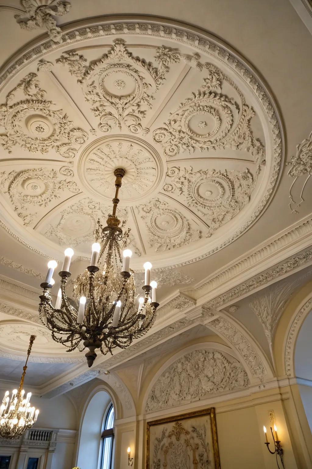 Plaster medallions elevate ceiling decor.