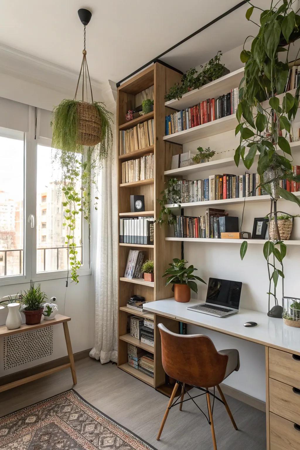 Maximize vertical space with bookshelves and hanging planters in this eclectic office.