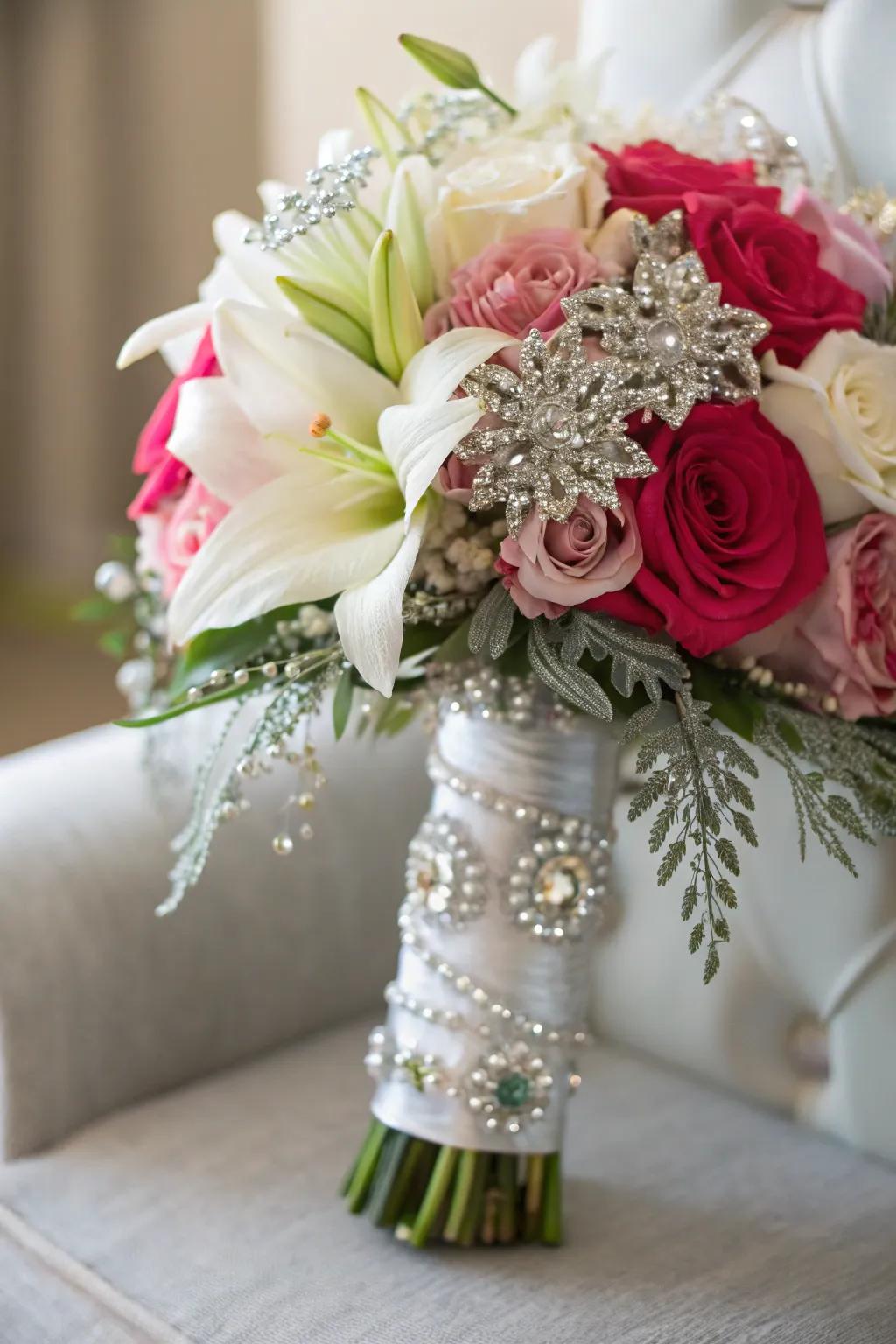 Silver accents add sparkle to the bridal bouquet.