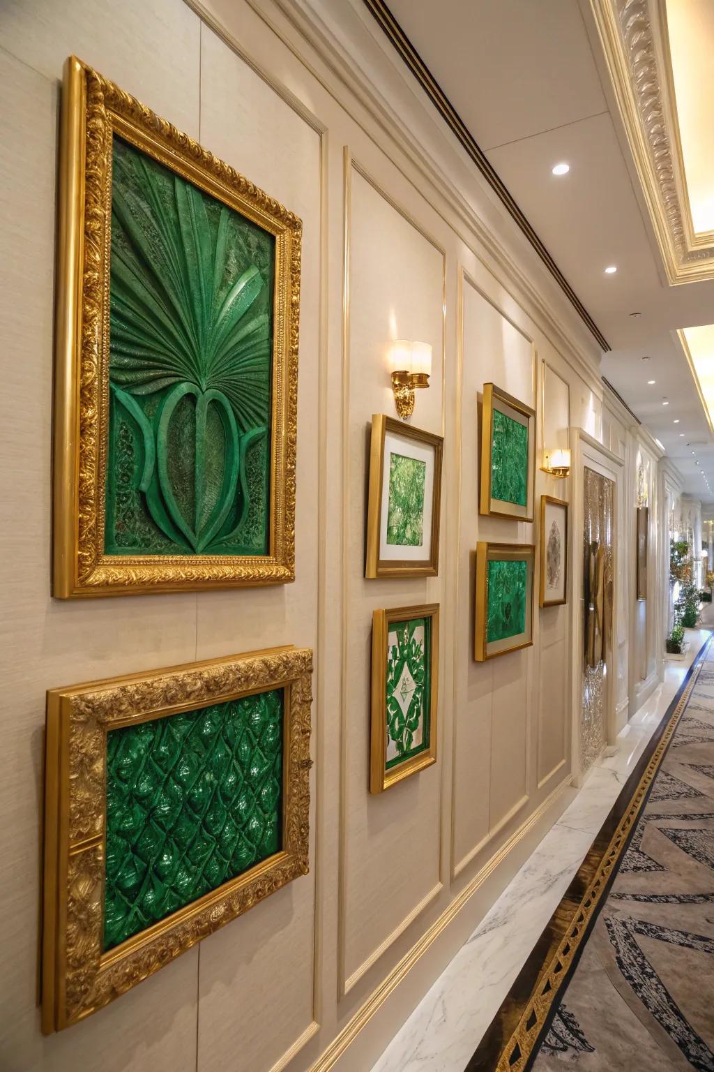 A striking wall featuring emerald green art pieces in gold frames.