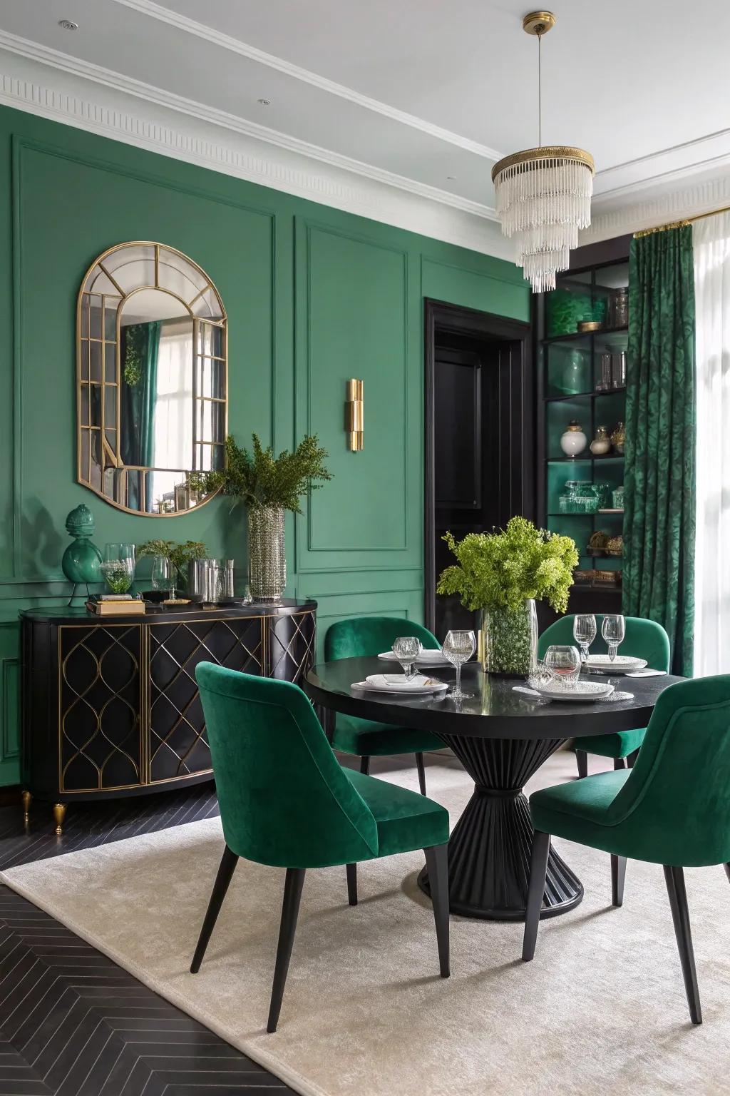 Emerald green and black offer a dramatic and sophisticated look.