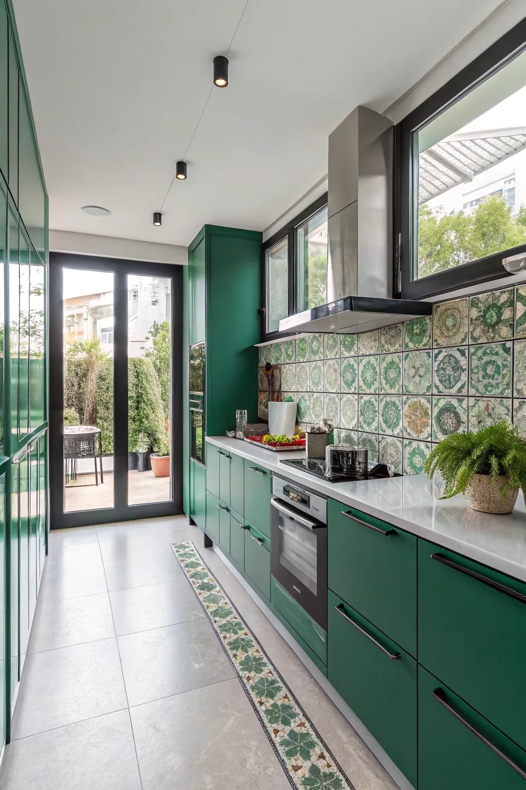 A modern kitchen with stylish emerald green accents and contemporary decor.