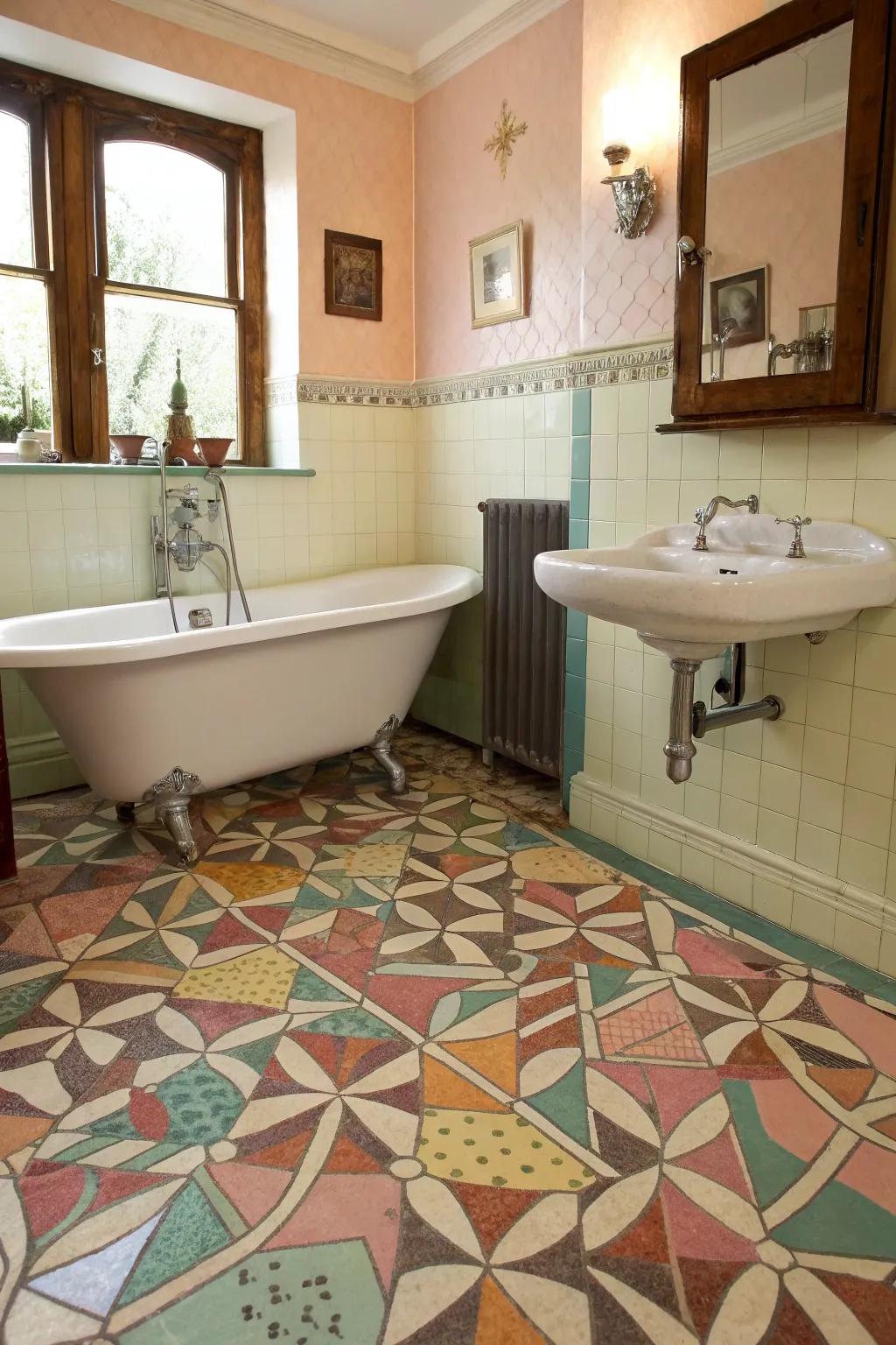 Retro-inspired epoxy floor adding charm and color to the bathroom.