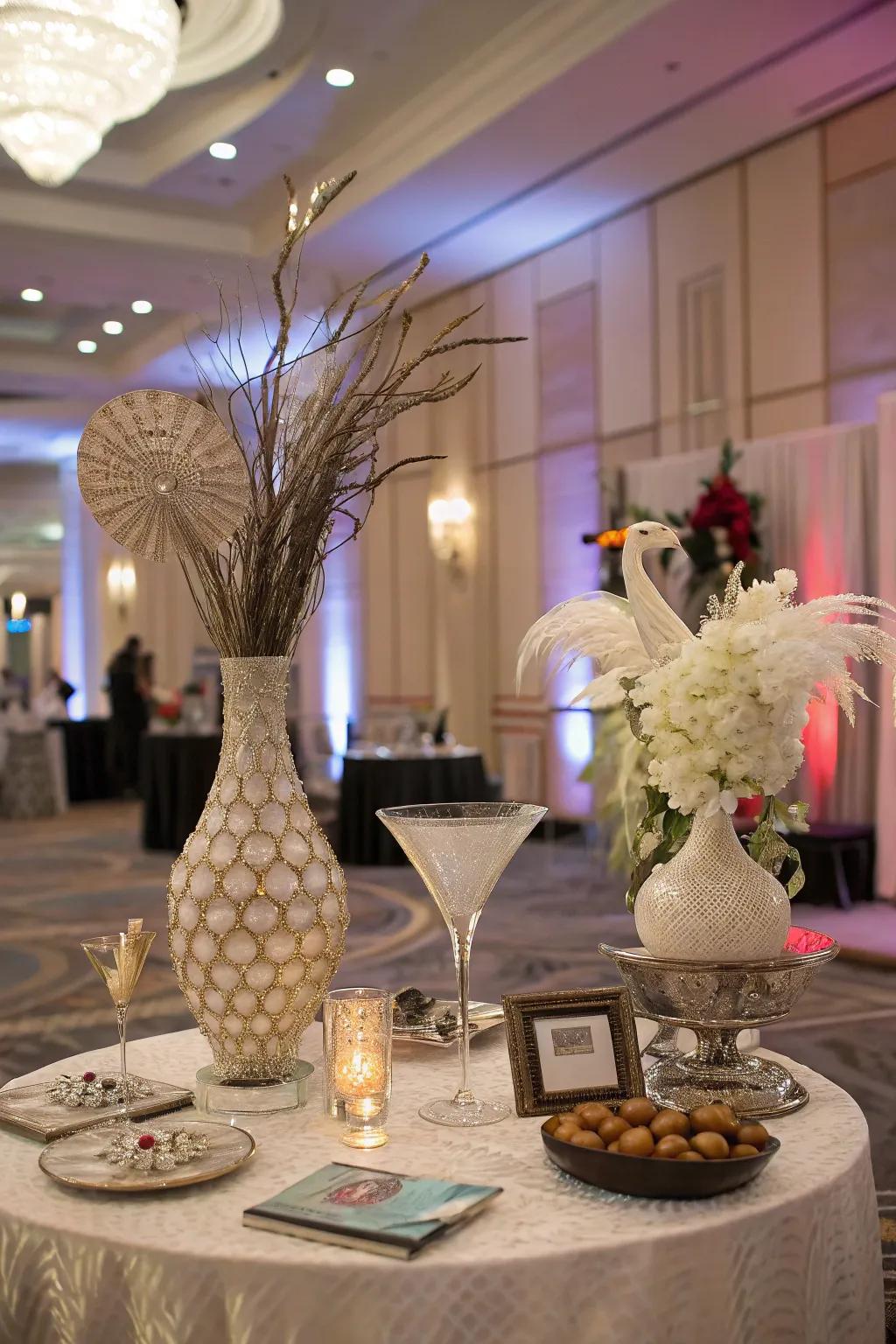 Artistic cocktail table with creative centerpieces.