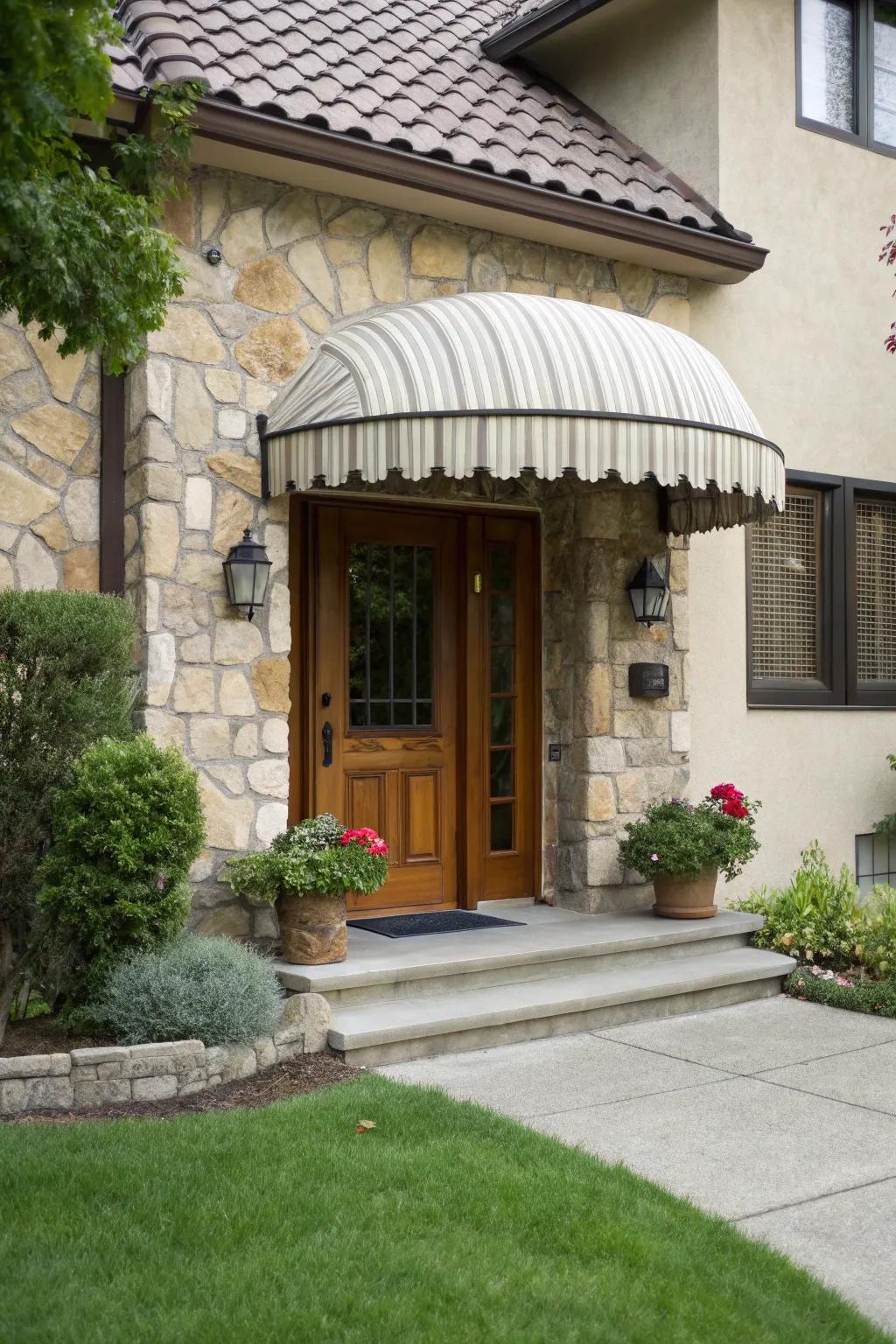 A small awning adds protection and style to the entrance.