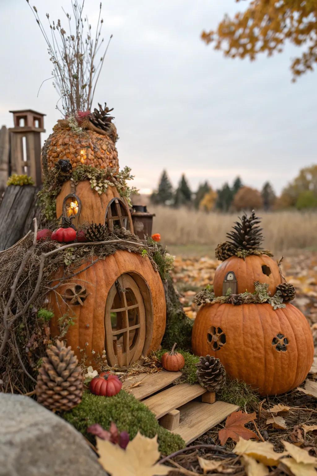 A pumpkin fairy village adds seasonal charm to the garden.