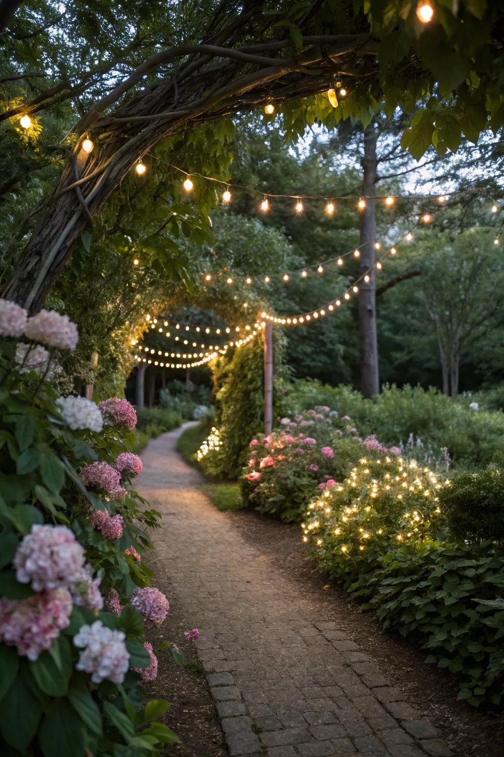 A garden path transformed into a whimsical experience with fairy lights.