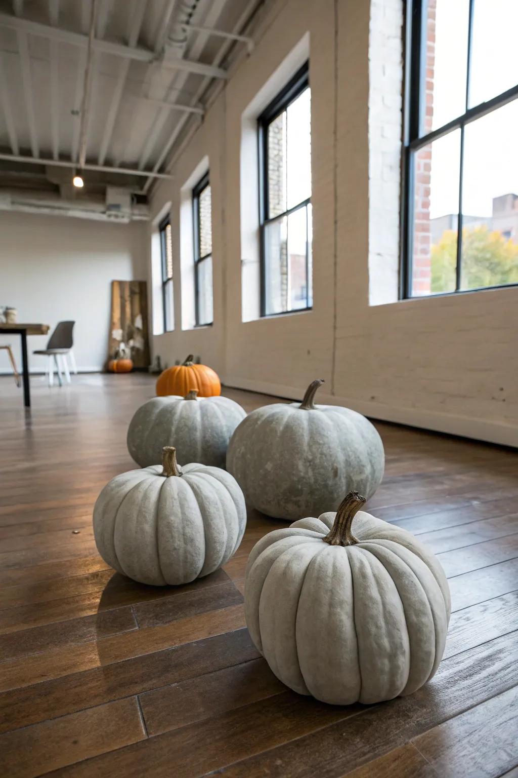 Concrete look pumpkins offer a modern and industrial aesthetic.