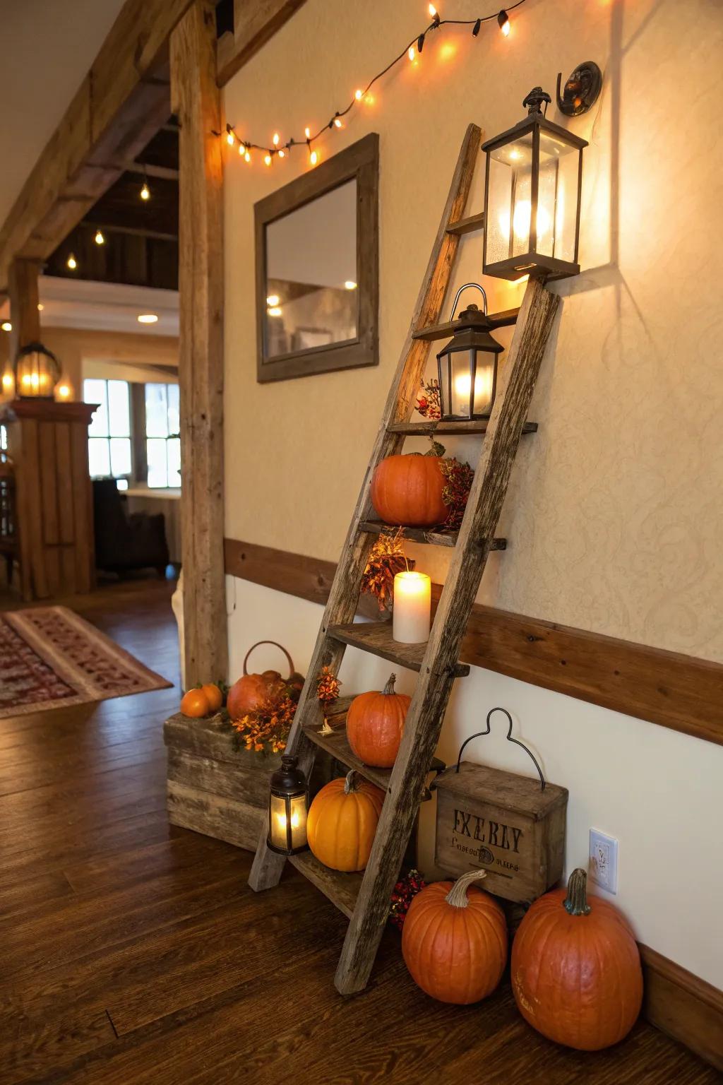 A ladder display adds vertical interest to fall décor.