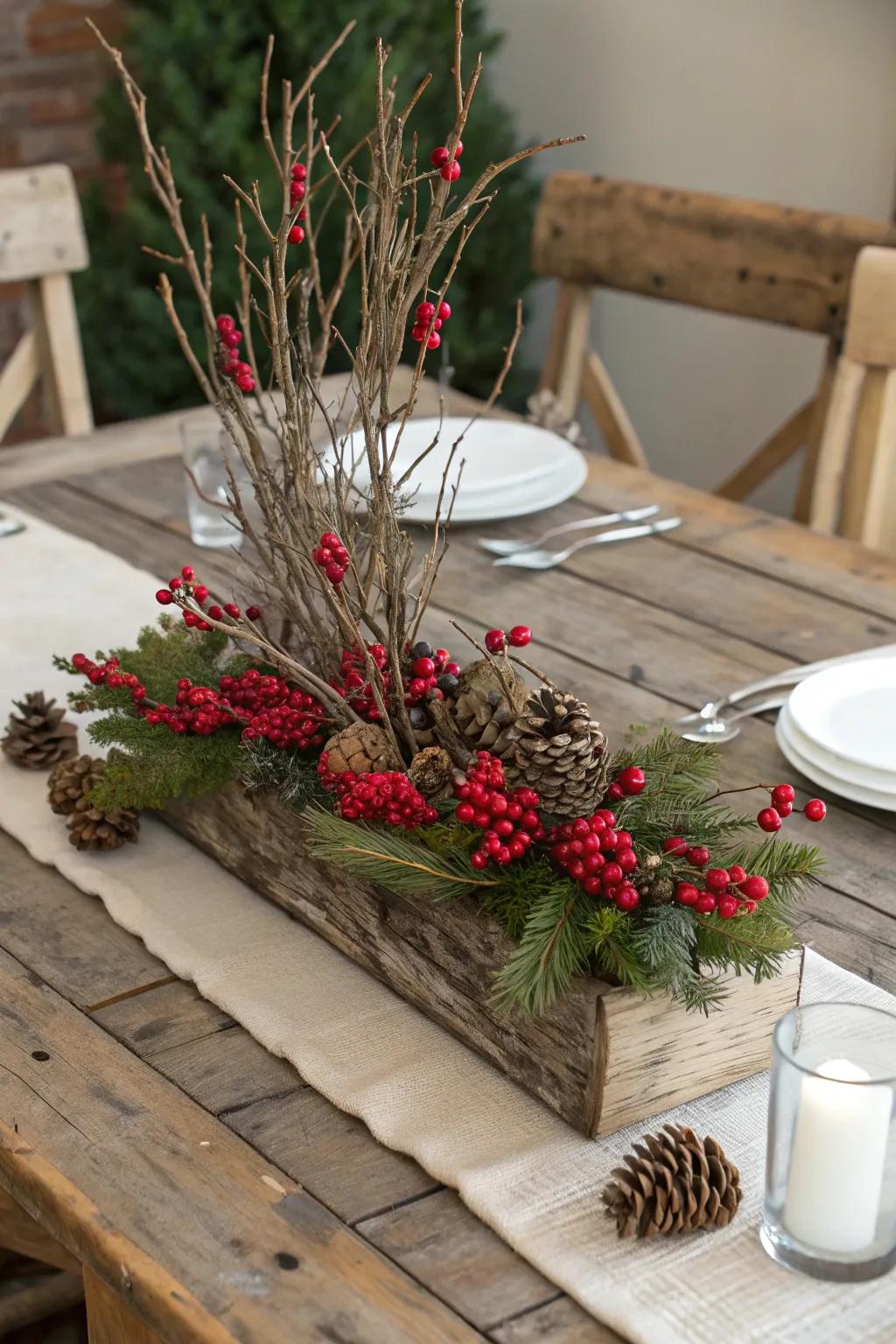 A twig arrangement with berries adds a natural and elegant touch to a farmhouse centerpiece.