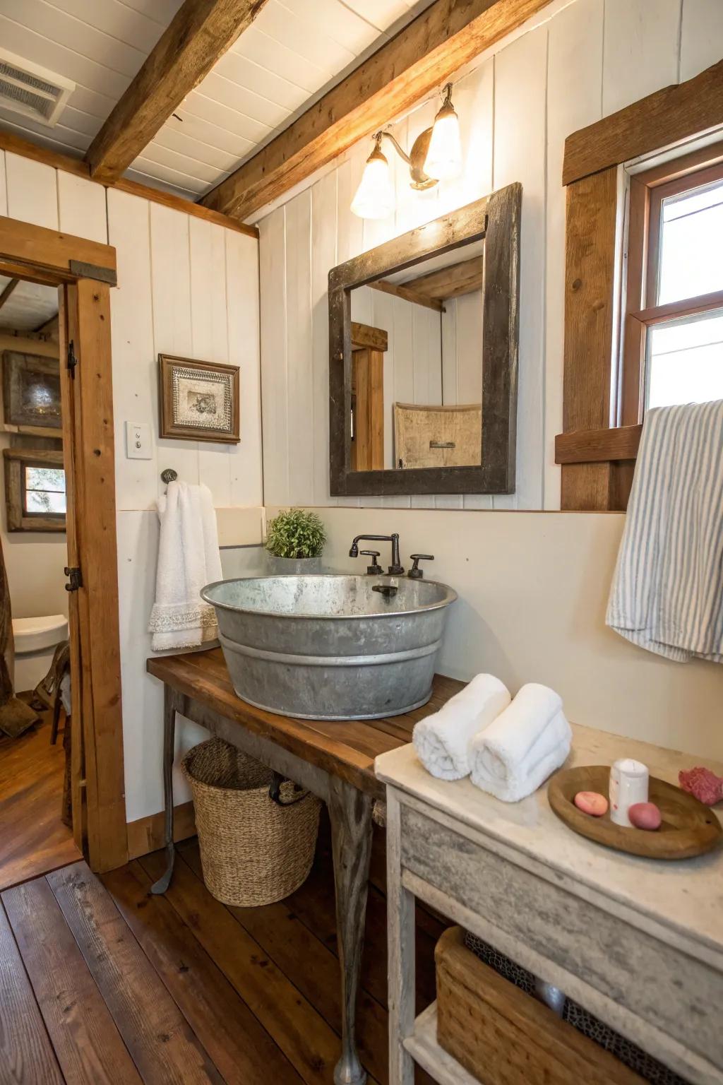 A farmhouse bathroom featuring a galvanized metal sink for an industrial touch.