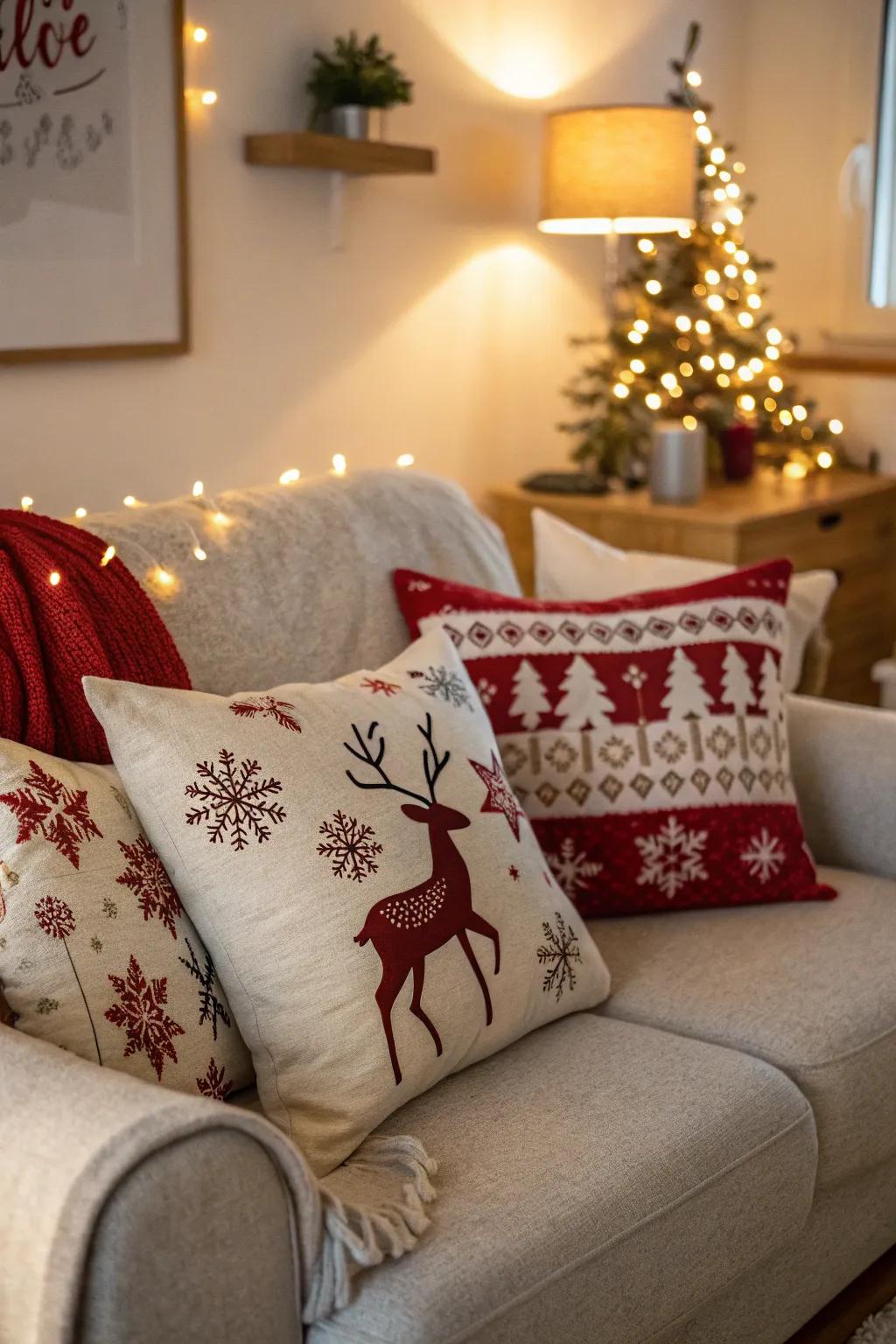 Cozy sofa adorned with festive throw pillows for Christmas.