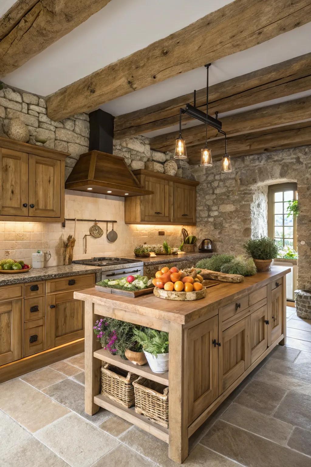 Farmhouse kitchen featuring a butcher block island for added warmth.