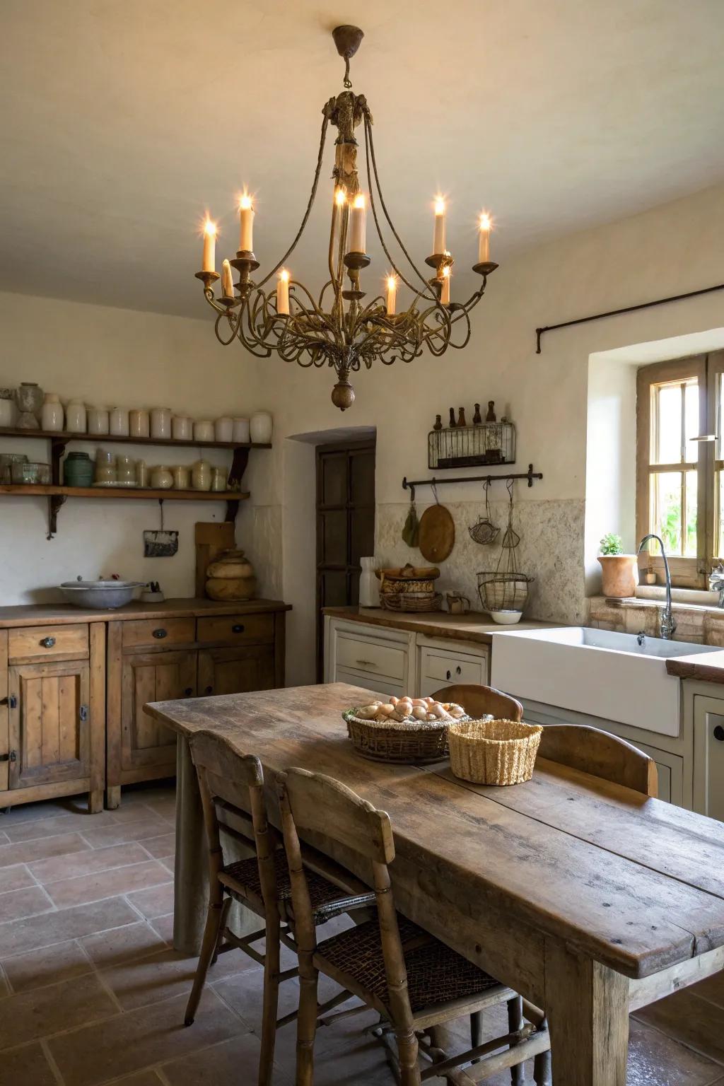 Candle-style chandeliers add romantic lighting to the kitchen.