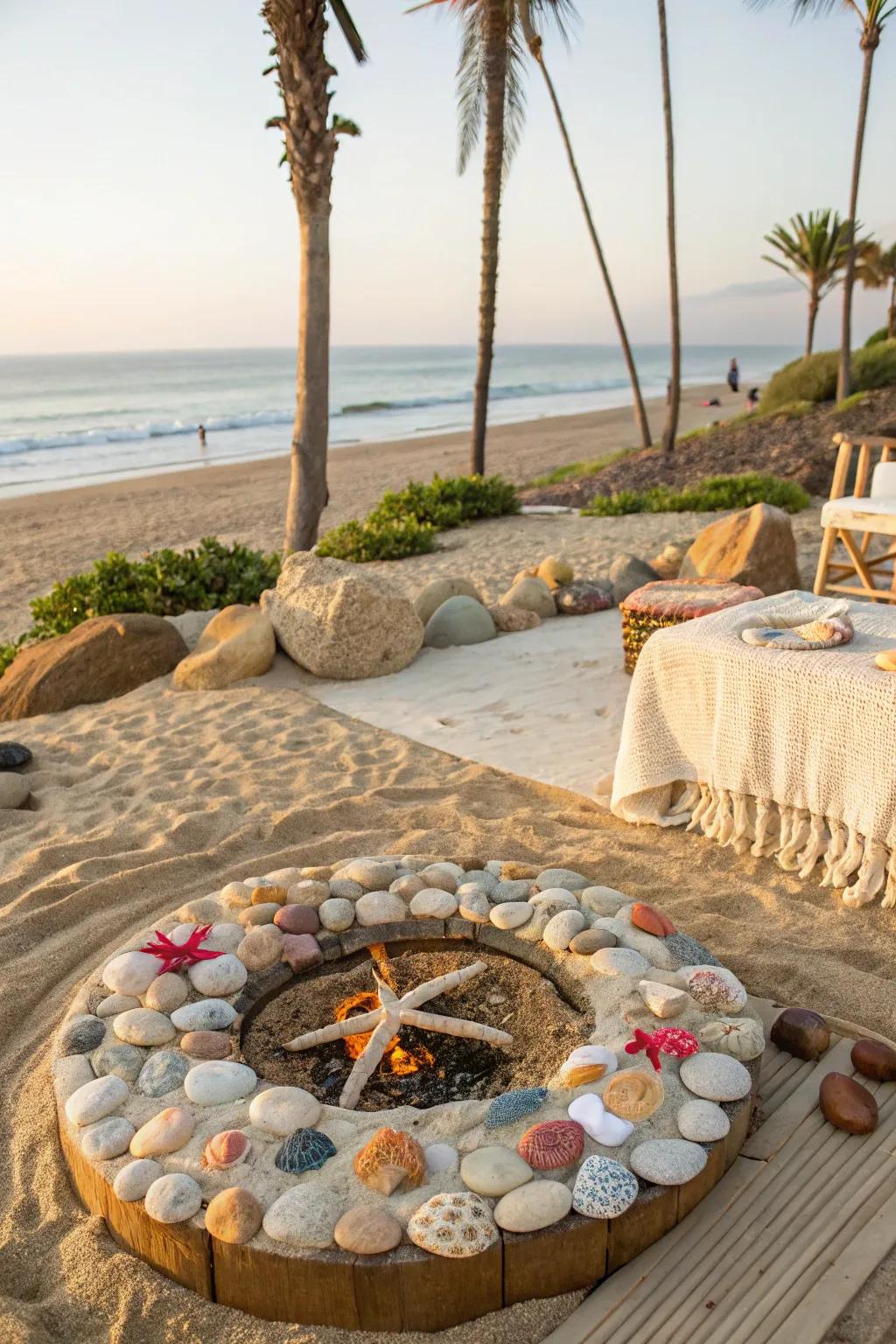 Sand and shells bring a coastal and relaxed vibe to your fire pit area.