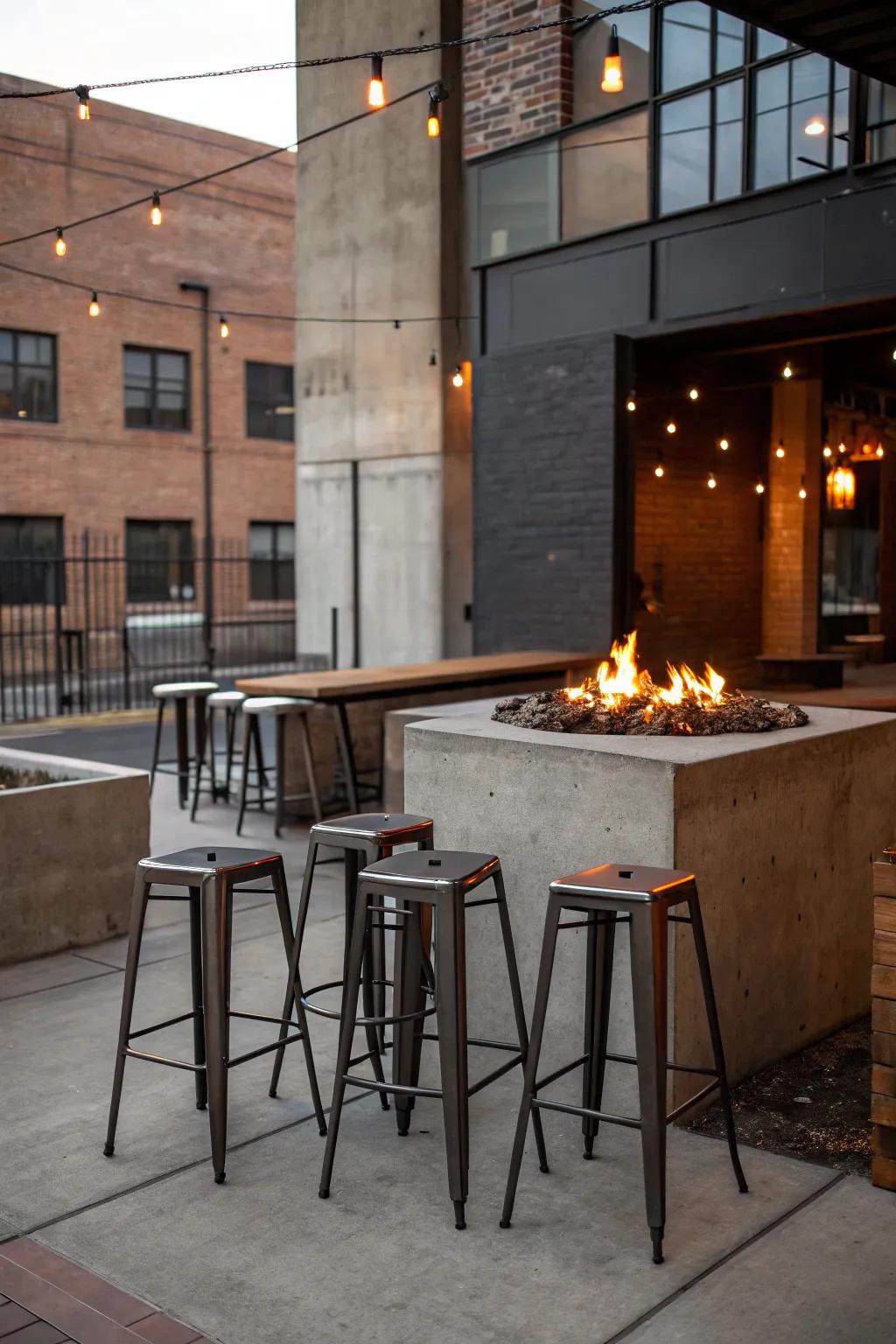 Industrial-style bar stools add a contemporary edge to your fire pit setup.