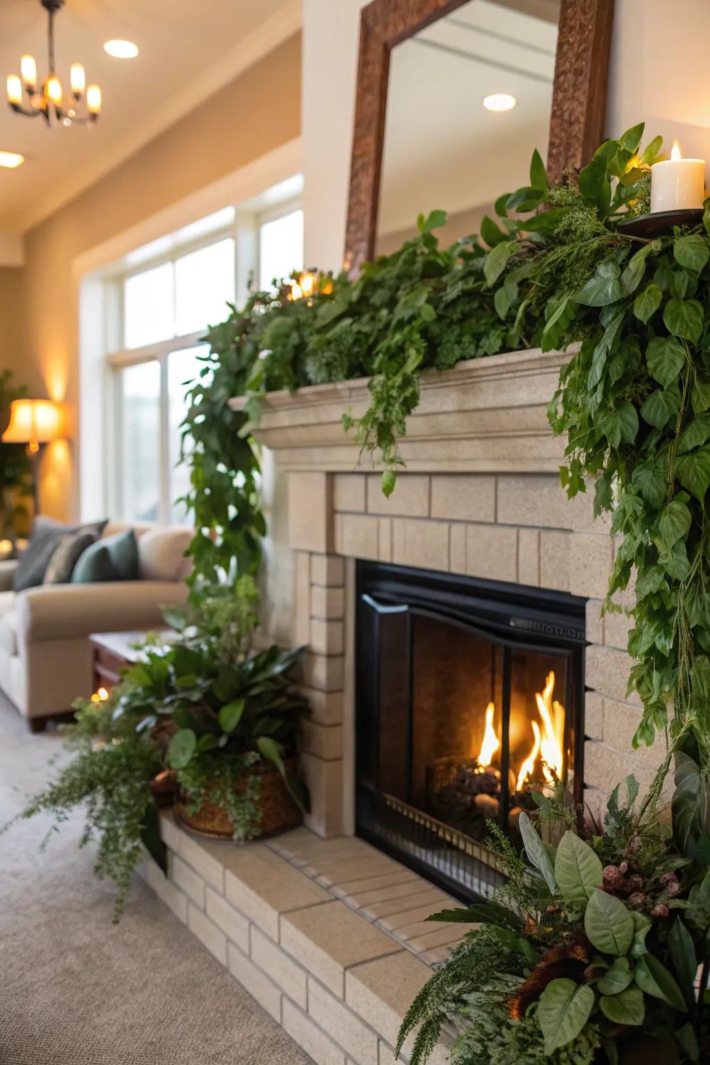 Greenery adds a refreshing touch to this fireplace decor.