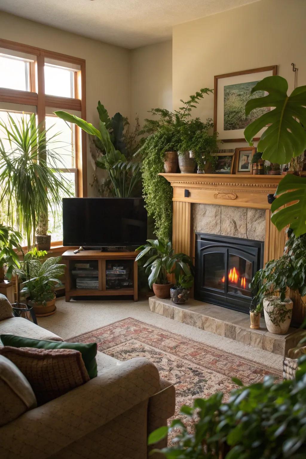 Greenery brings life and freshness to your fireplace area.