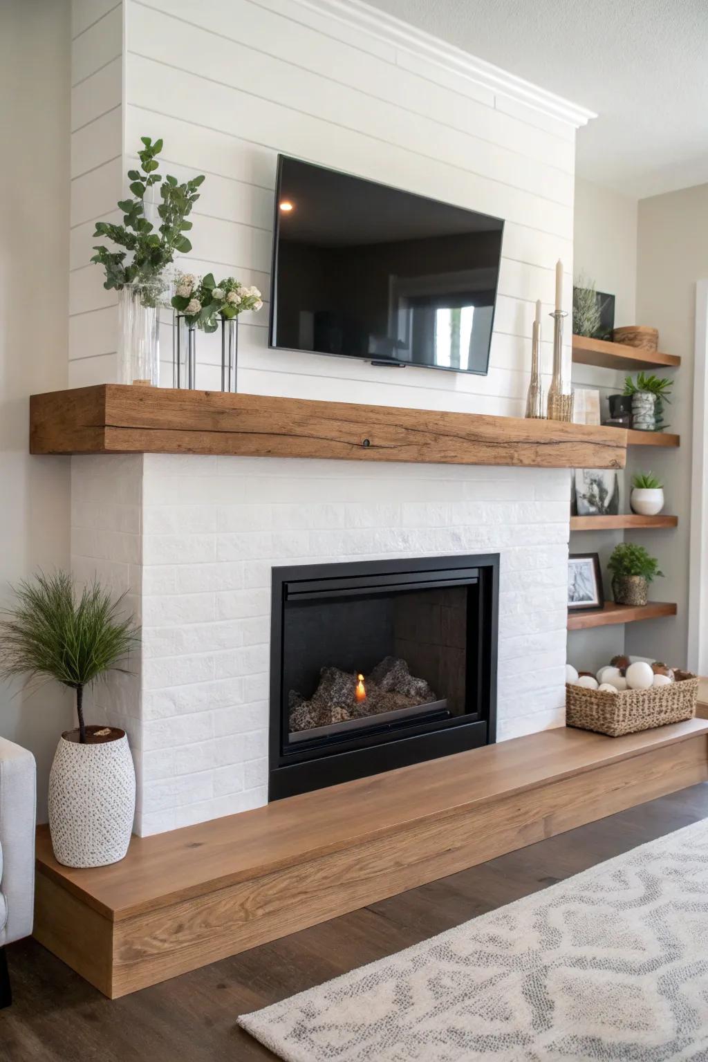 A floating mantel adding modern elegance to a sleek fireplace design.