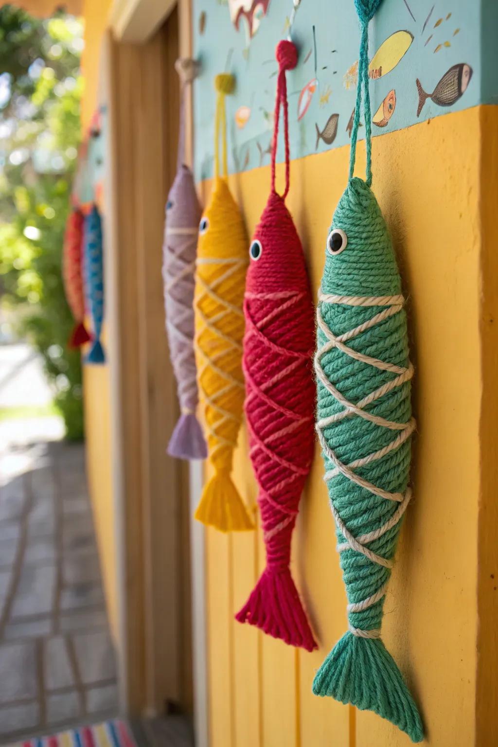 Add texture to your decor with yarn wrapped fish crafts.