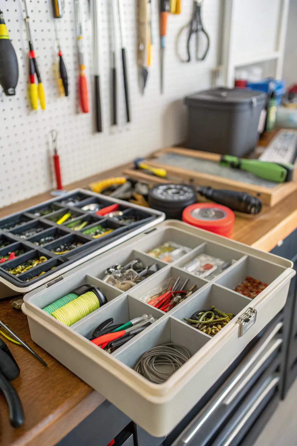 Drawer organizers keep small fishing items sorted and accessible.