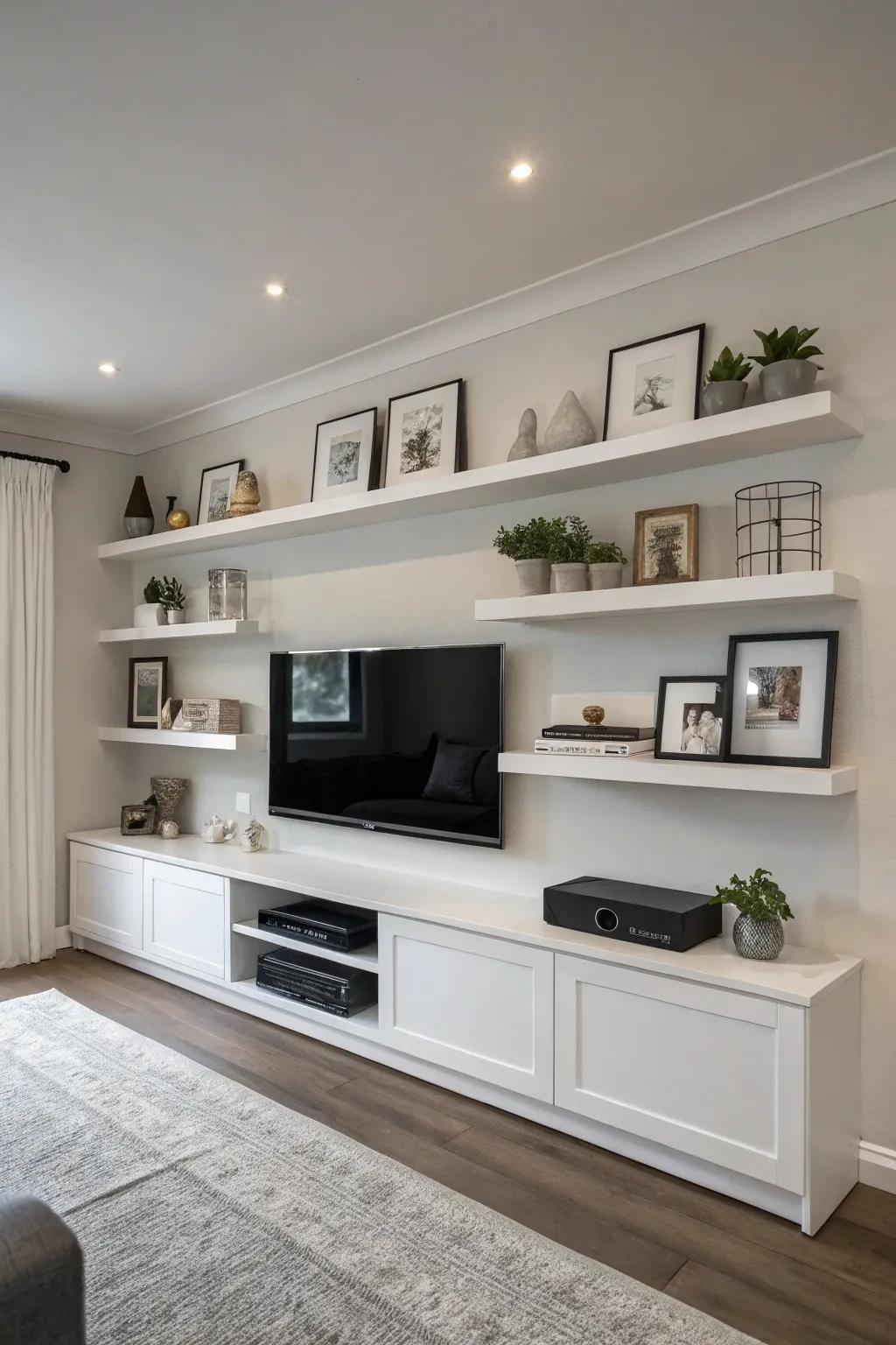 Monochrome floating shelves offer a seamless, minimalist look around the TV.