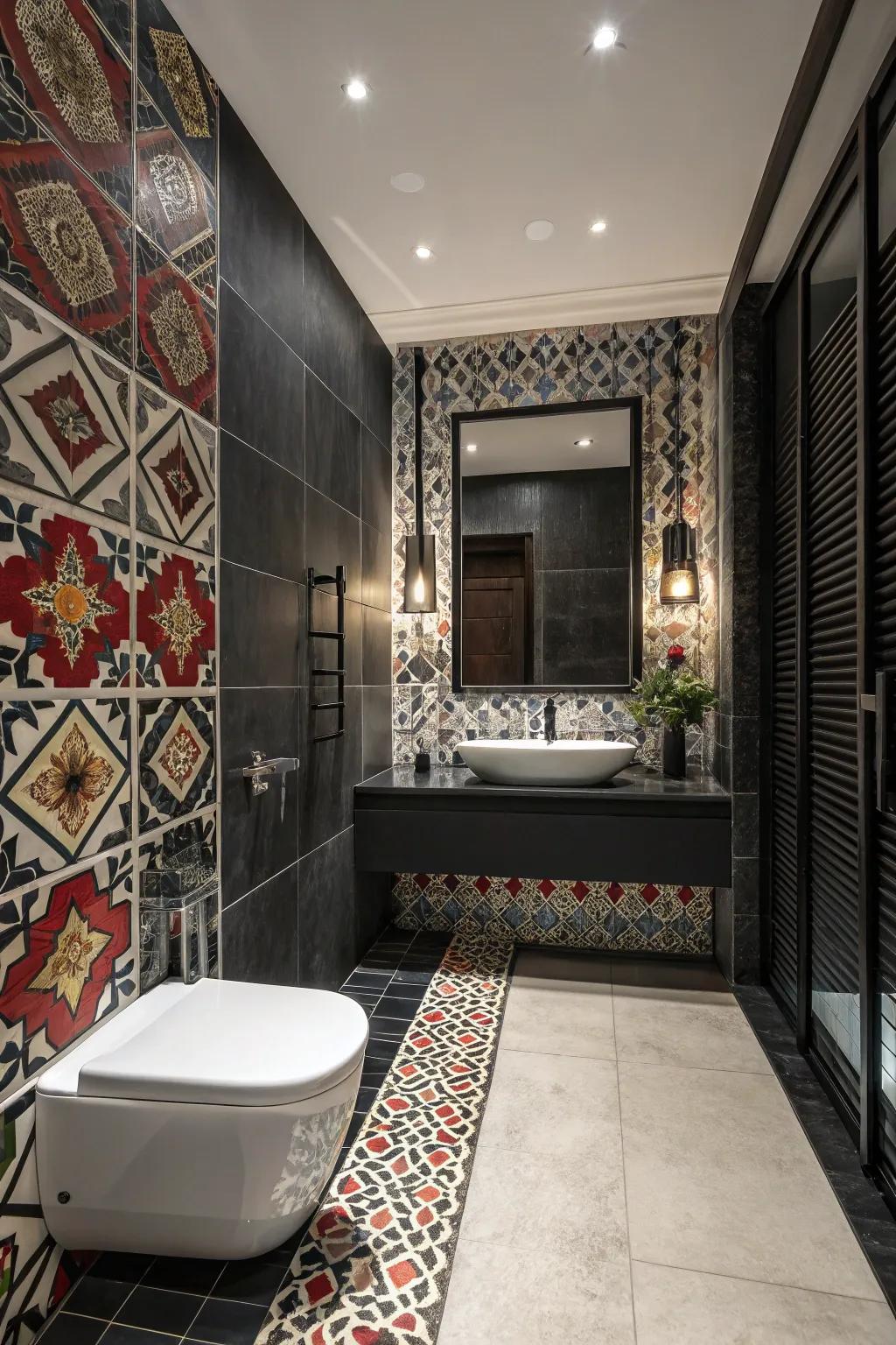 A sophisticated bathroom that makes a statement with bold contrasting tiles.