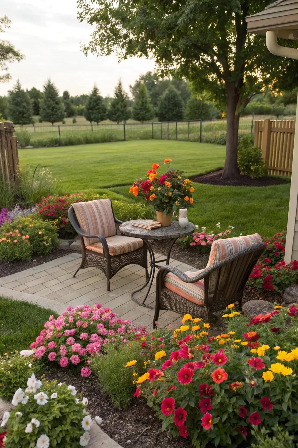 A seating area amidst blooms offers a peaceful retreat.