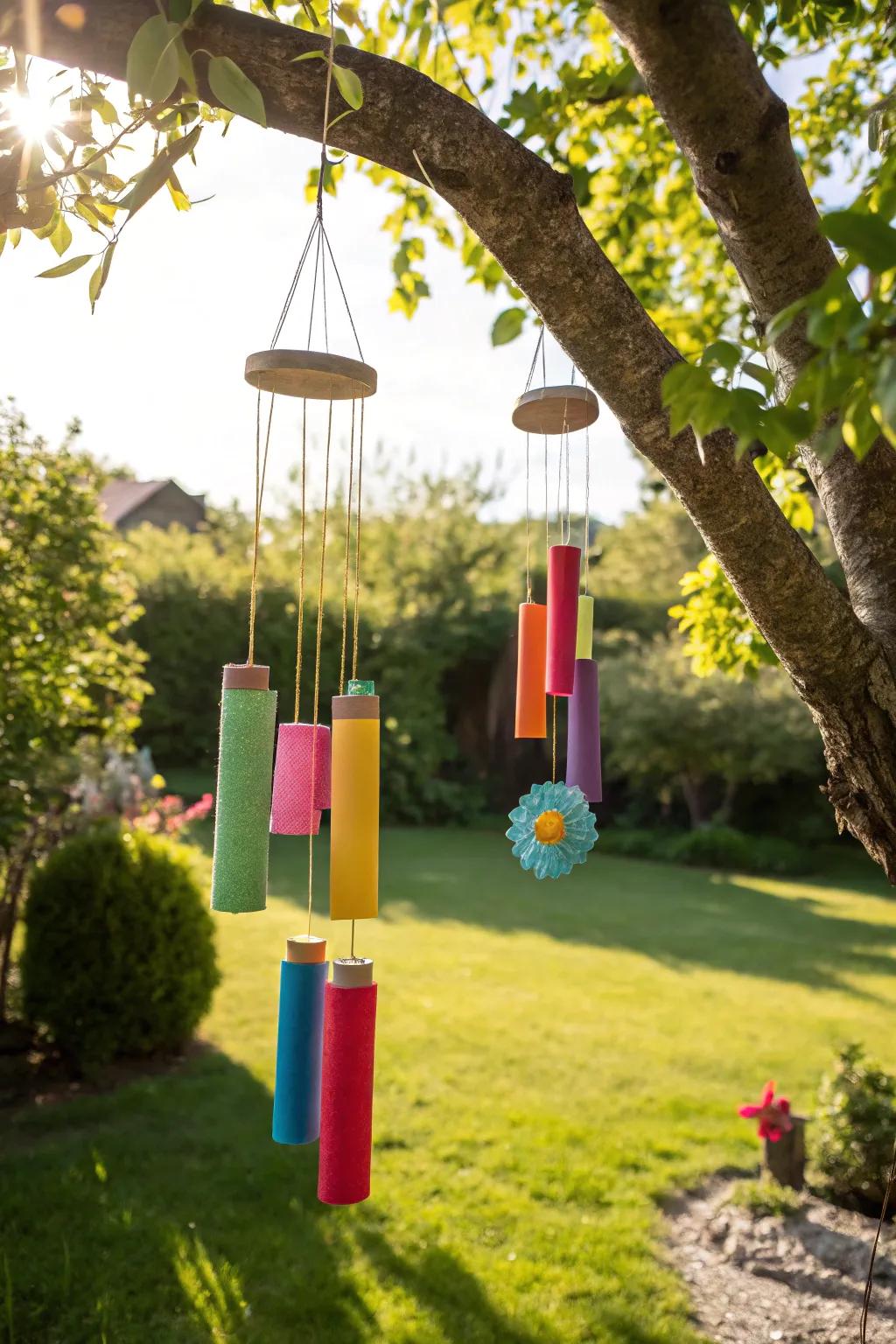 Relaxing foam paper wind chimes enhancing the garden atmosphere.