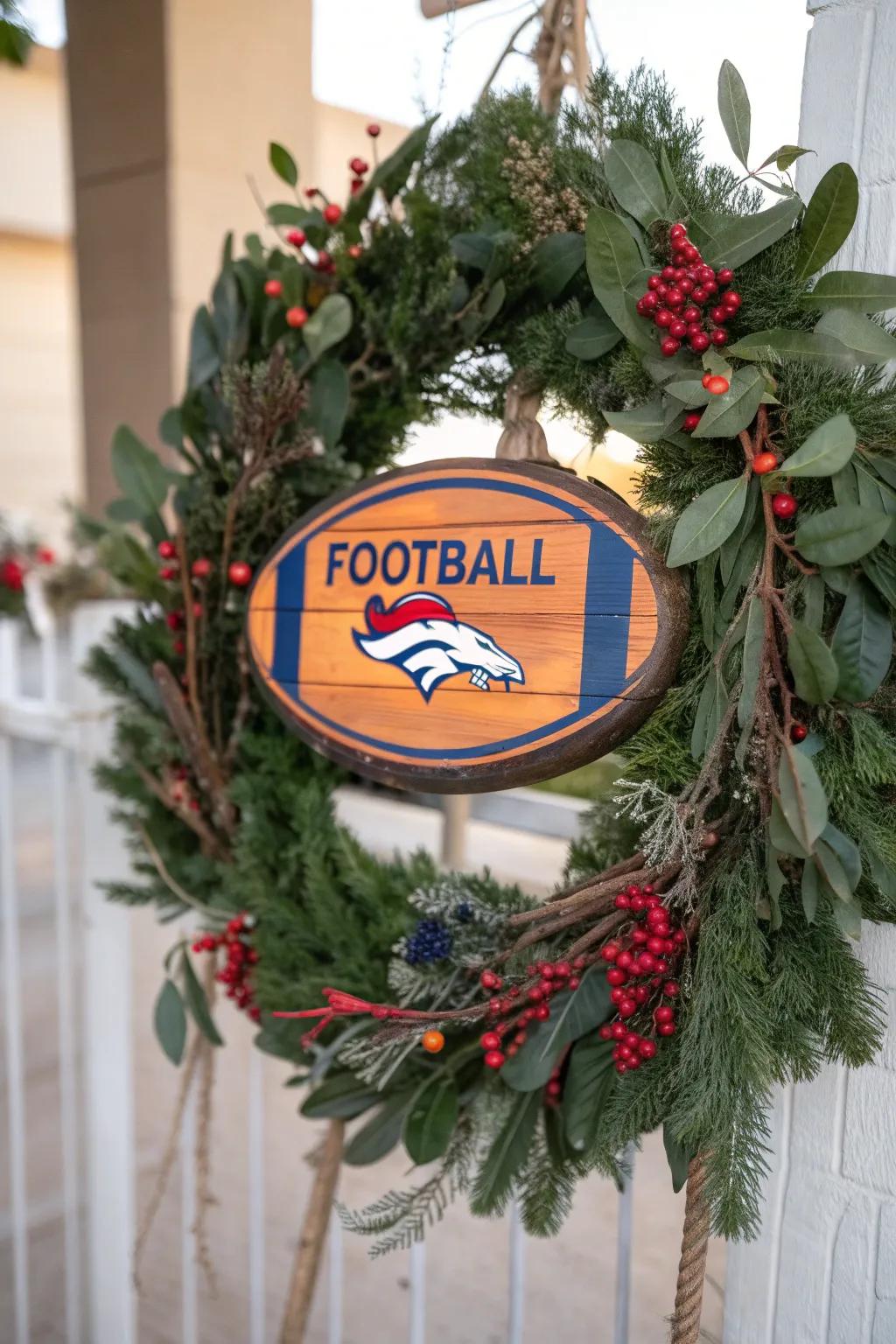 A wooden football plaque serves as the artistic centerpiece of this wreath.