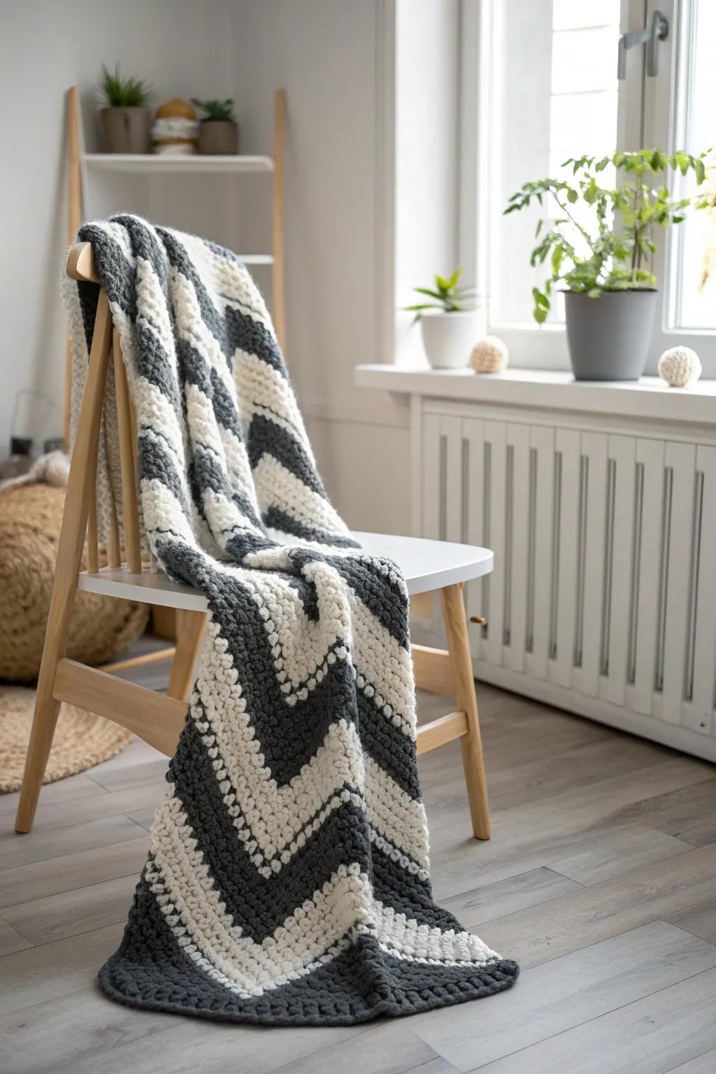 Wrap your little one in the modern elegance of a monochrome chevron crochet blanket. Perfect for a minimalist nursery with a touch of Boho charm.