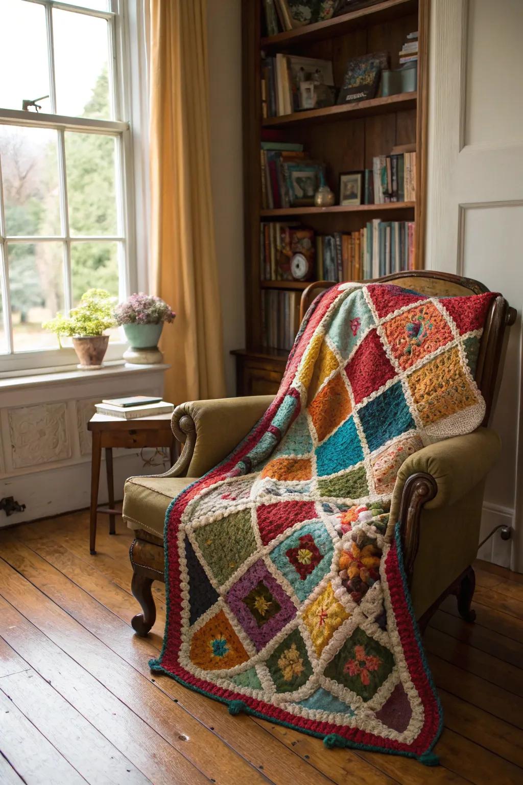 A patchwork afghan that tells a story through crochet.