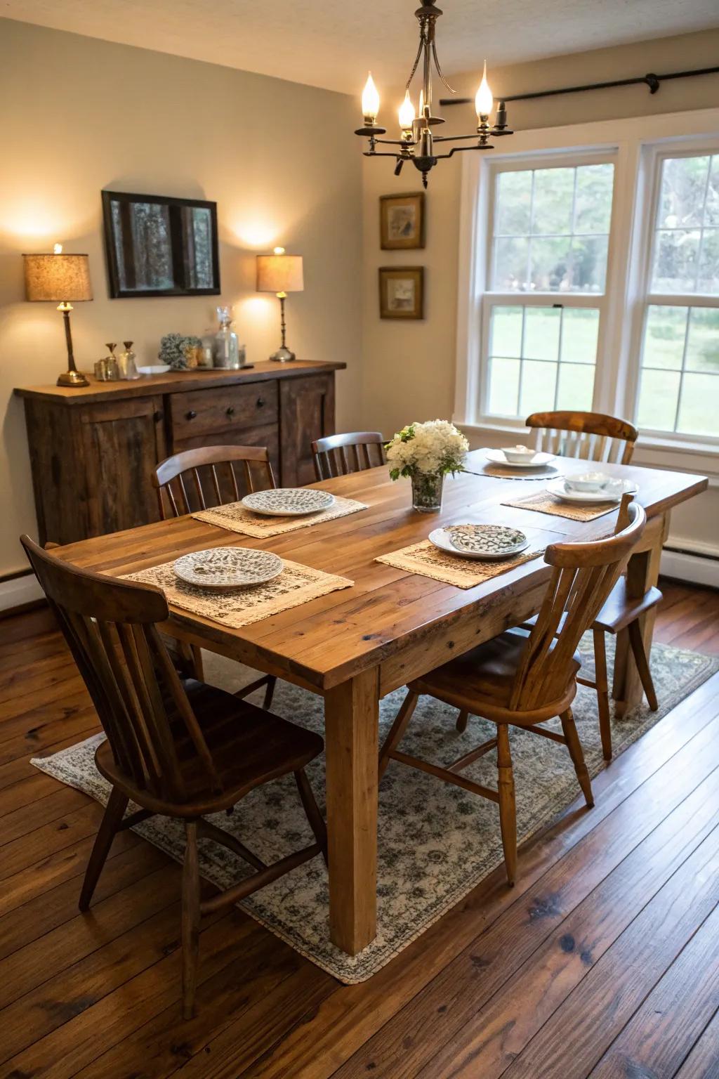 A solid wood dining table serves as the heart of the home.