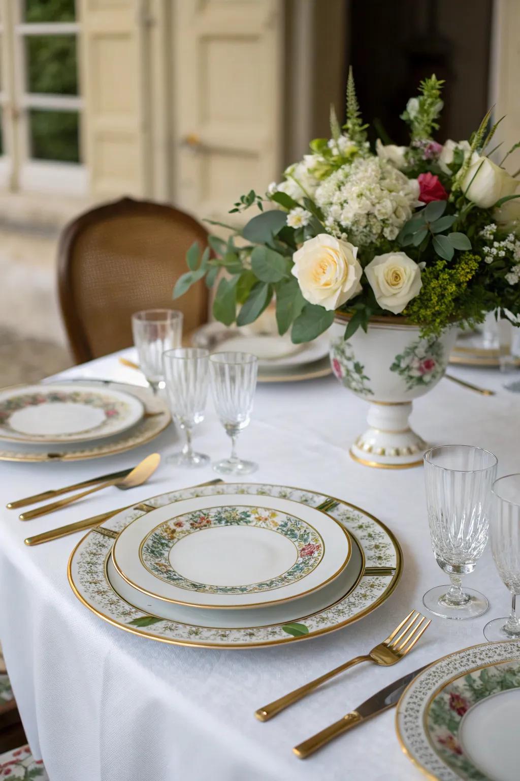 Decorative chargers add a frame of elegance to this French table.