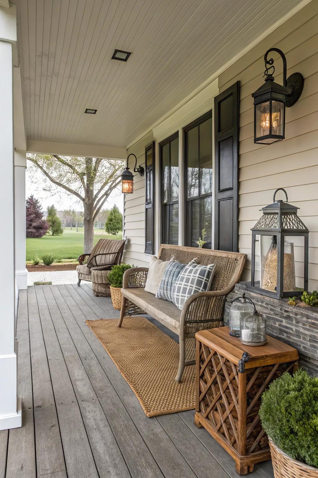 Contrasting textures add depth to the porch design.