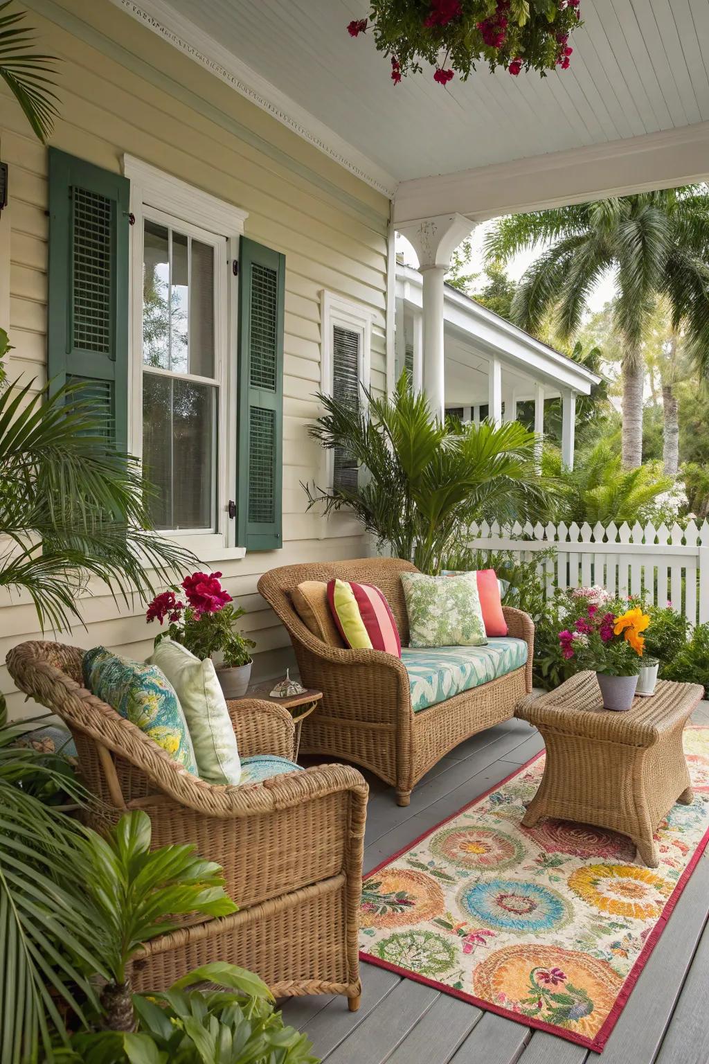 Embracing Florida style with wicker and tropical touches.