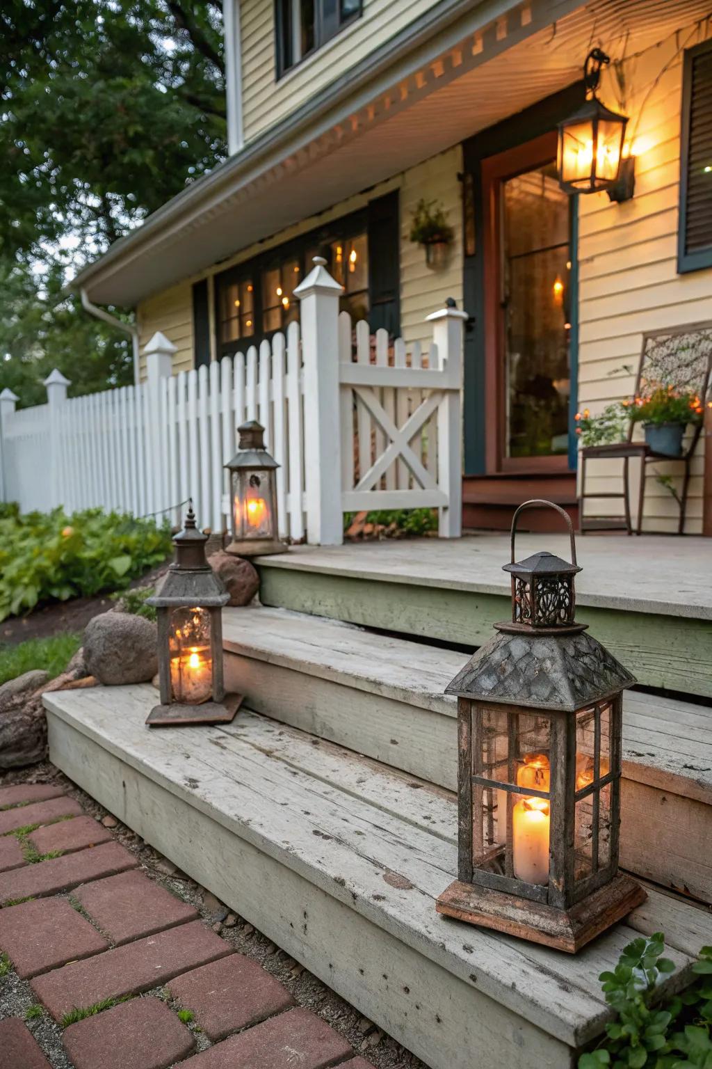 Vintage accents add nostalgia and charm to porch steps.