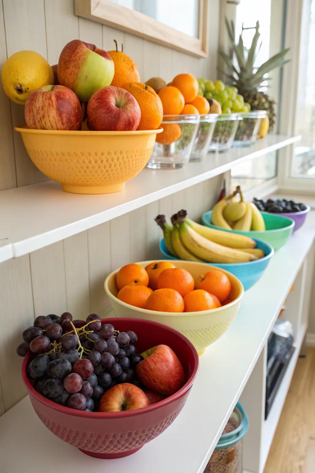 Color-coded bowls make fruit organization both fun and functional.