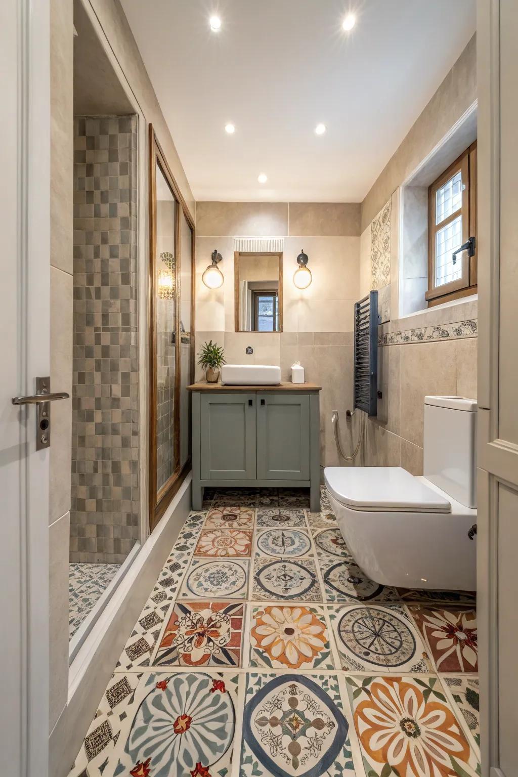 Bold floor patterns can transform the look of your bathroom.