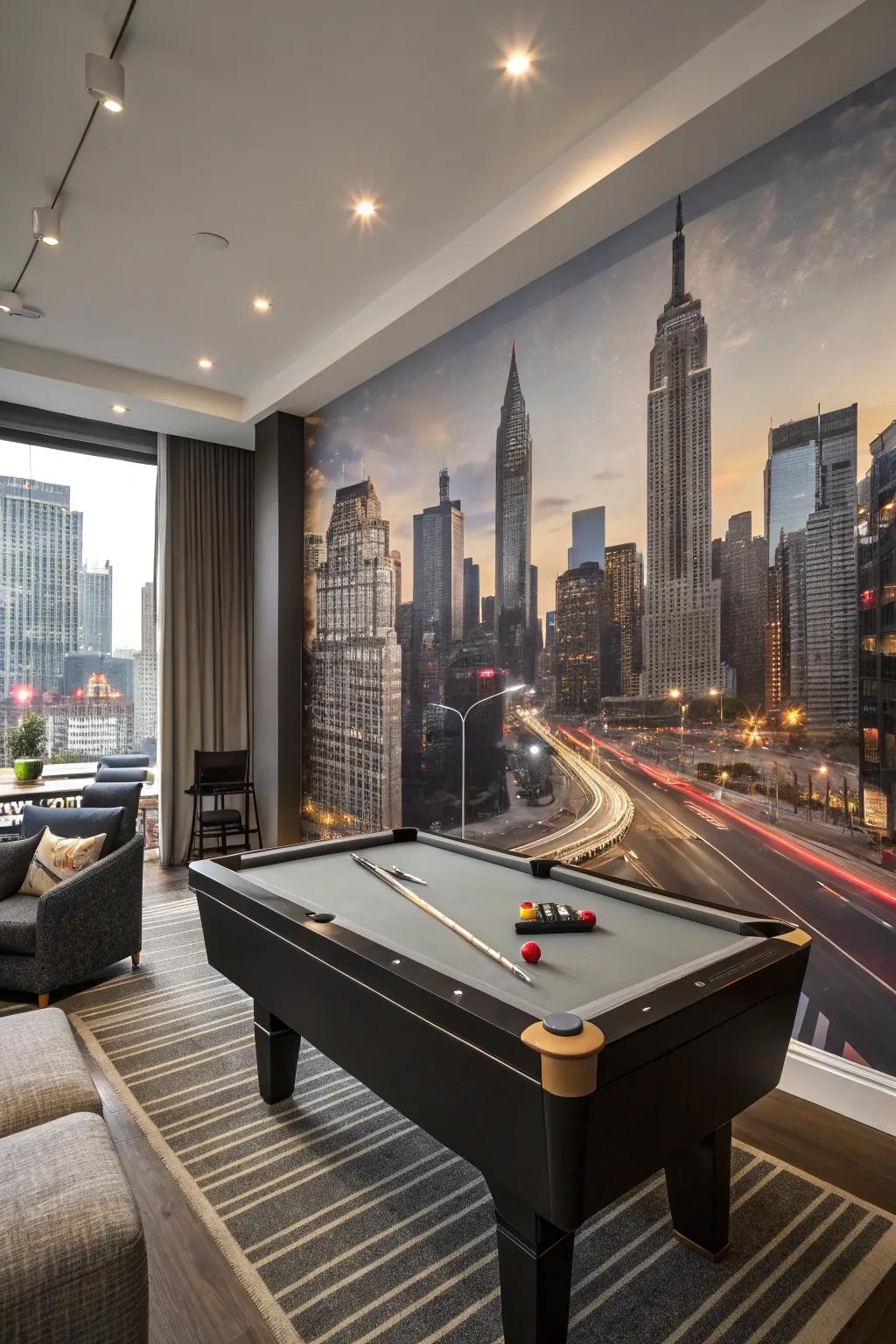 An urban skyline-themed game room mural for a city vibe.