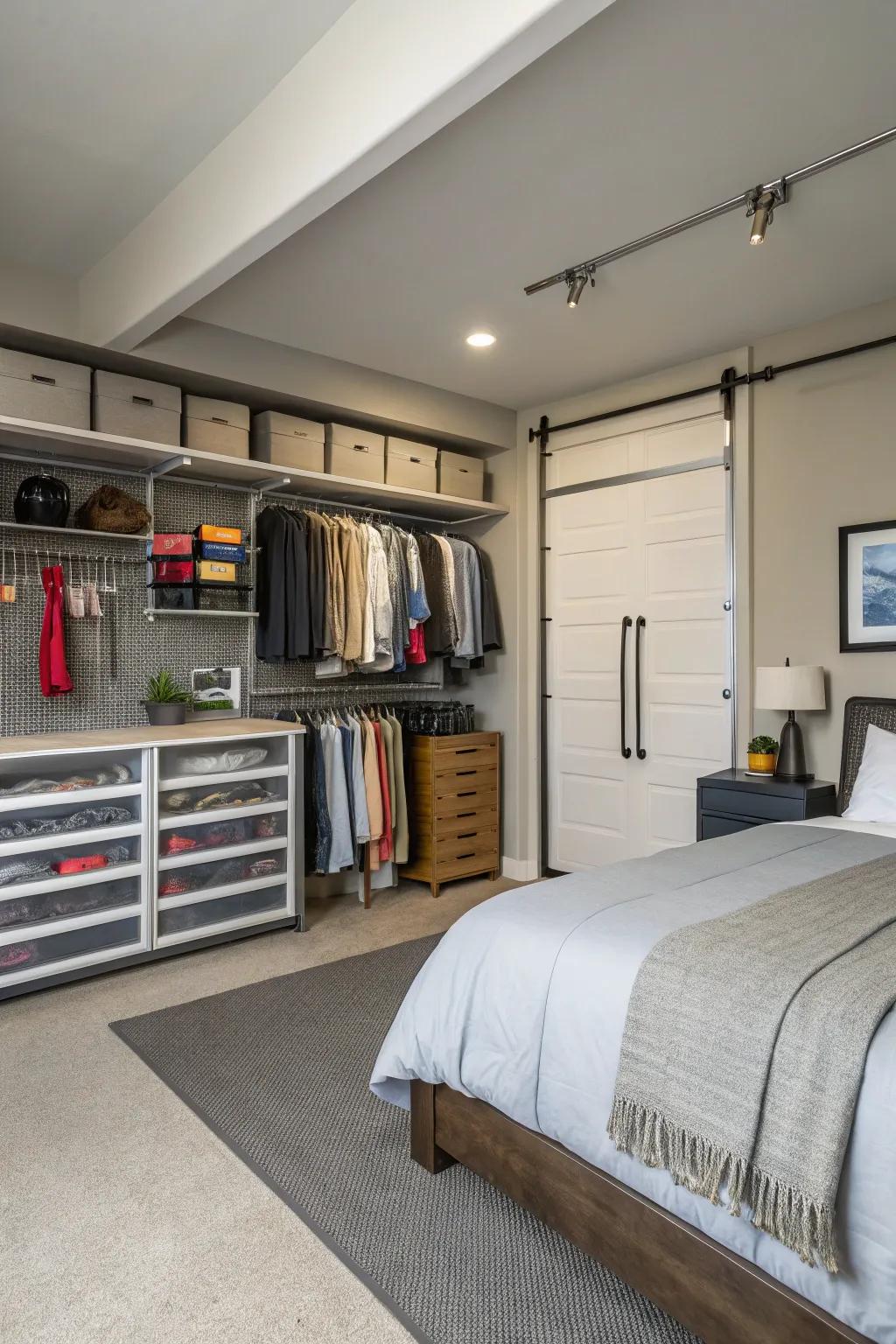 A walk-in closet adds luxury and functionality to your garage bedroom.