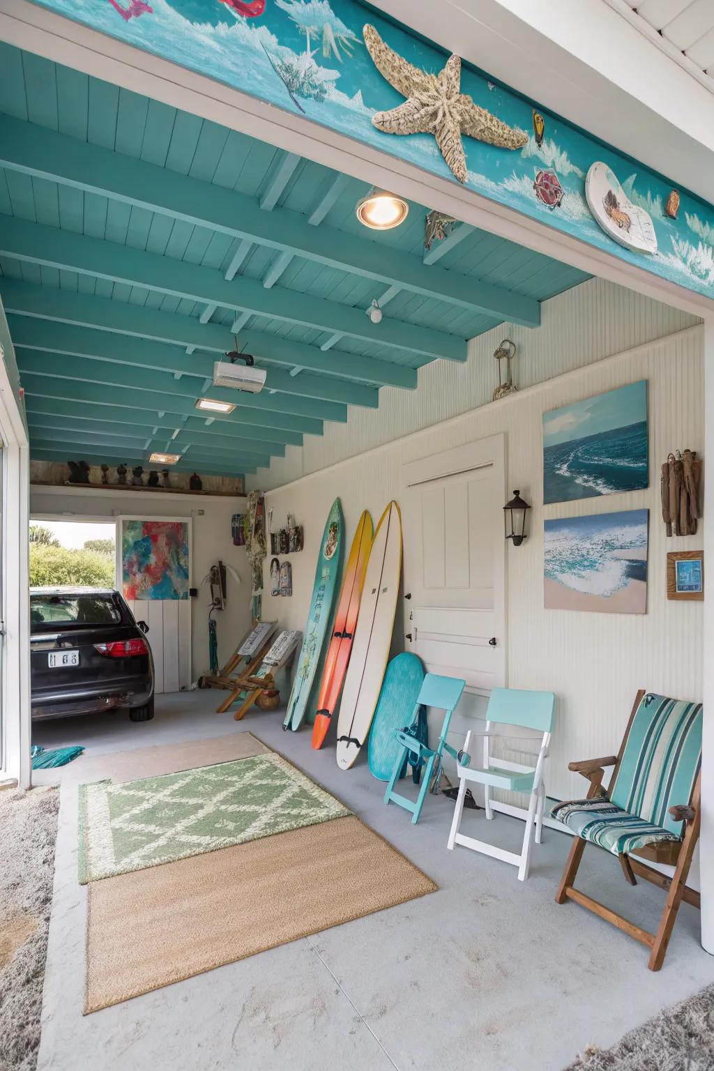 A cool teal ceiling adds a refreshing and vibrant touch.