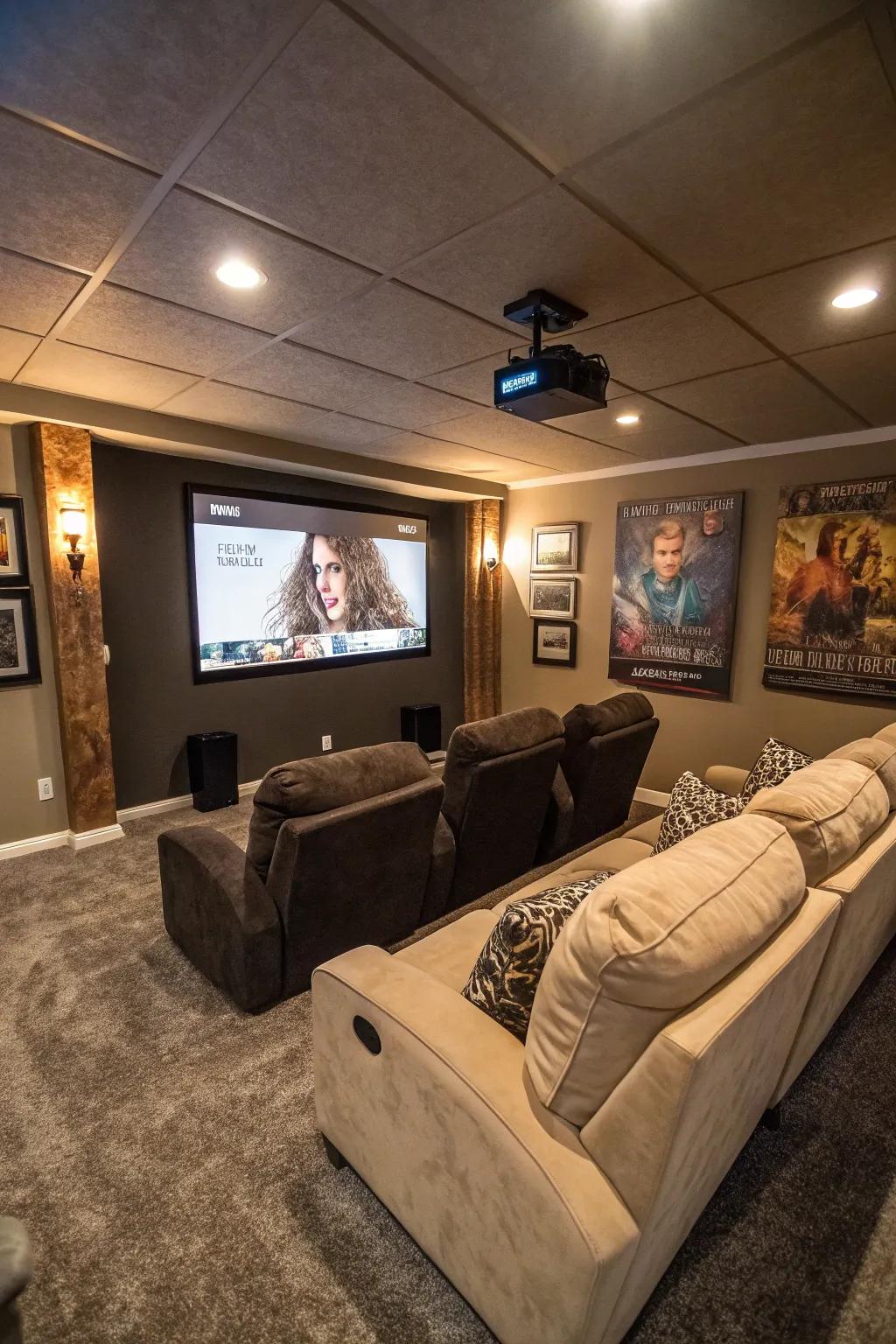 A home theater offering cinematic experiences in a converted garage.