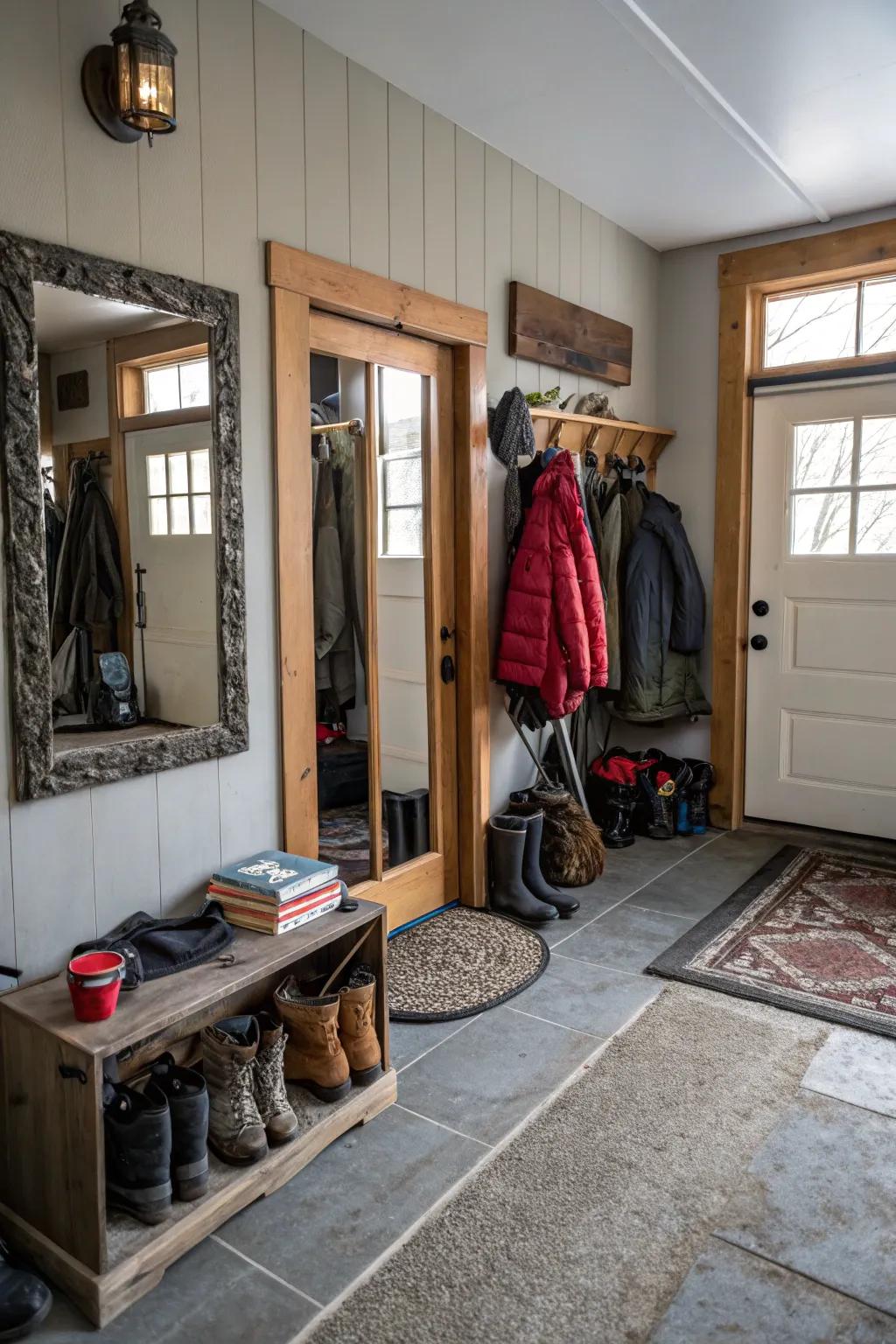 A mirror in the garage mudroom is perfect for last-minute checks and adds depth.